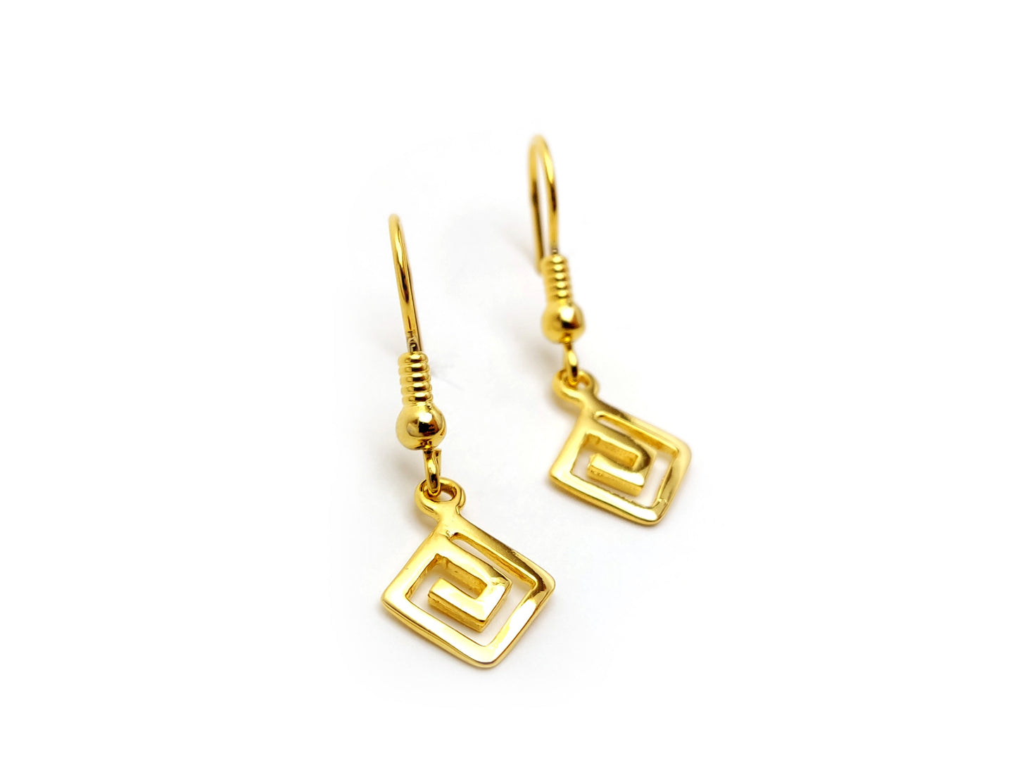 Sterling Silver 925 Greek Eternity Key Dangle Gold Plated Small Earrings 8x8mm, boucles d'oreilles Grecque, Griechische Silber Ohrringe