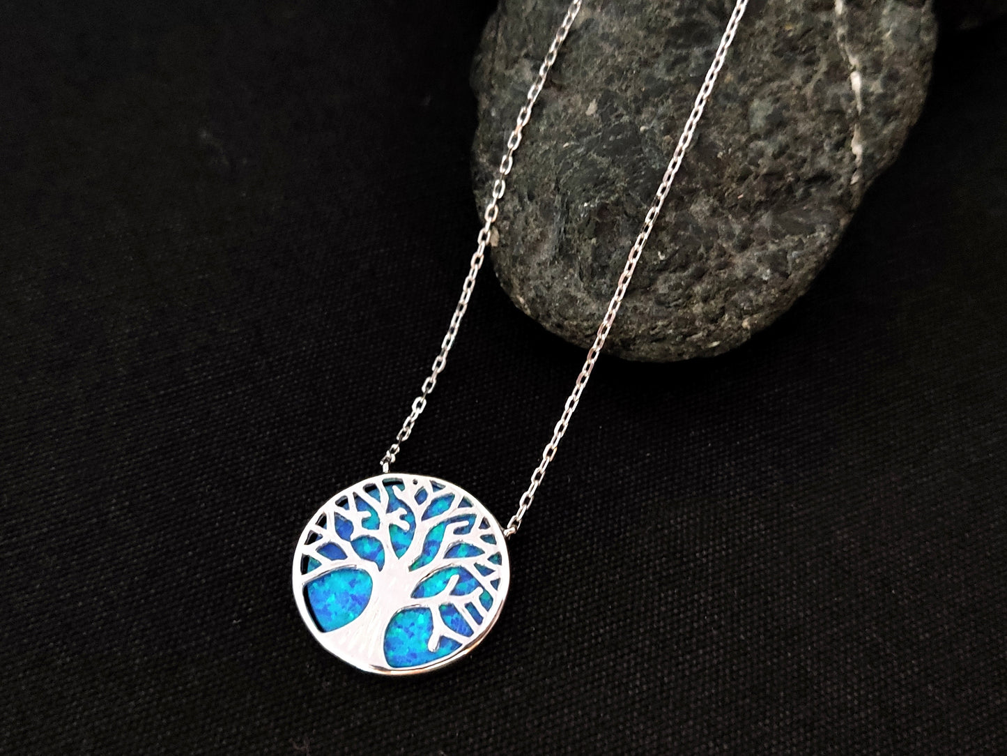 Sterling Silver 925 Fire Rainbow Blue Opal Tree Of Life Chain Pendant Necklace, Griechischer Opal Kette, Bijoux Grecque, Greek Jewelry
