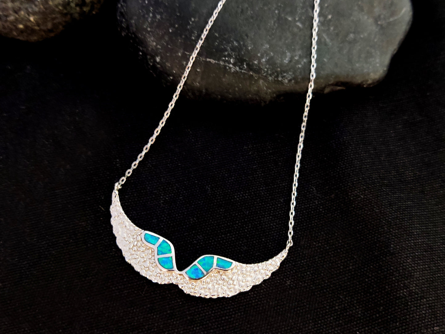 Sterling Silver 925 Fire Rainbow Blue Opal Angel Wings Chain Pendant Necklace, Griechischer Opal Kette, Bijoux Grecque, Greek Jewelry