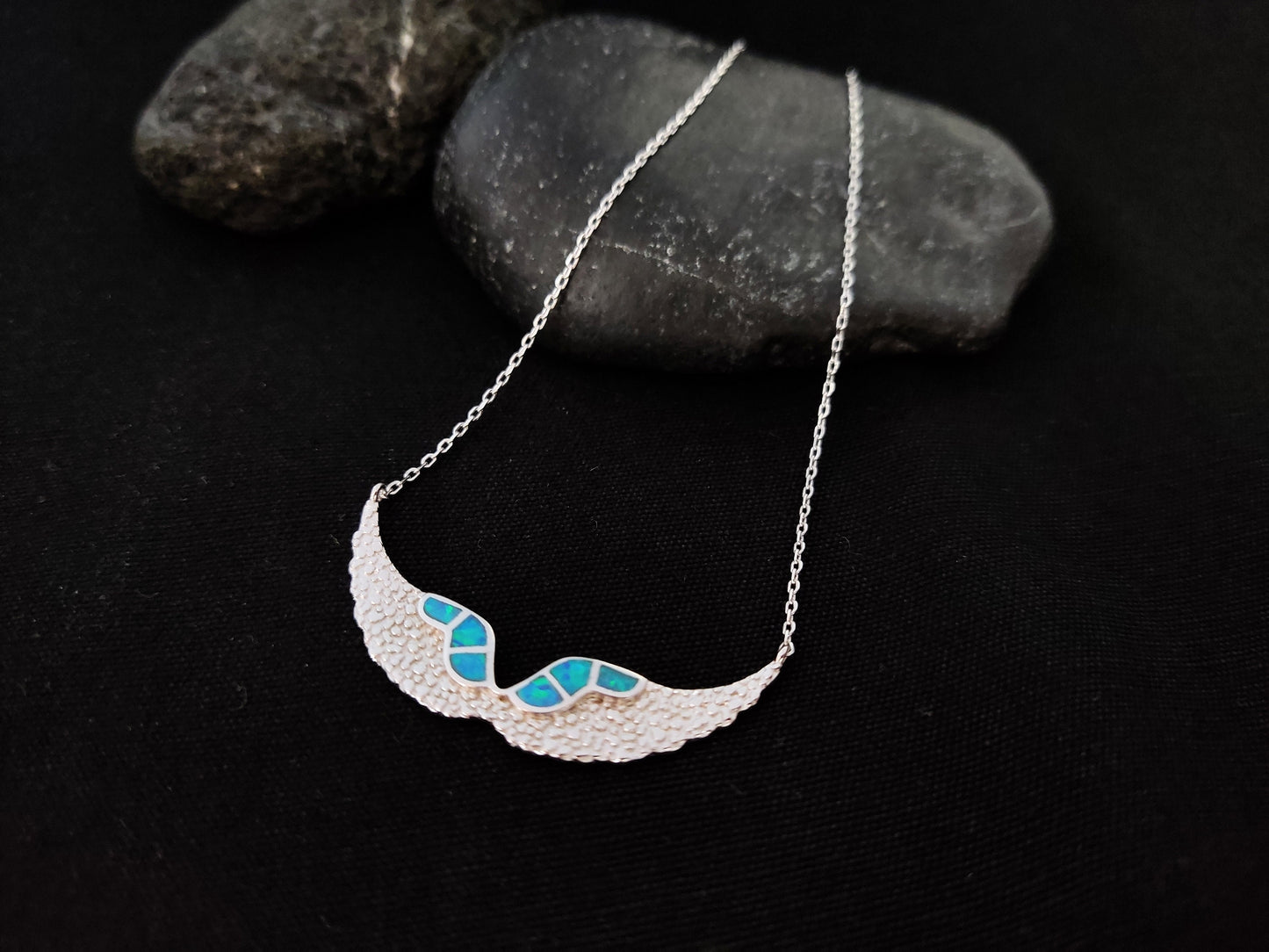 Sterling Silver 925 Fire Rainbow Blue Opal Angel Wings Chain Pendant Necklace, Griechischer Opal Kette, Bijoux Grecque, Greek Jewelry