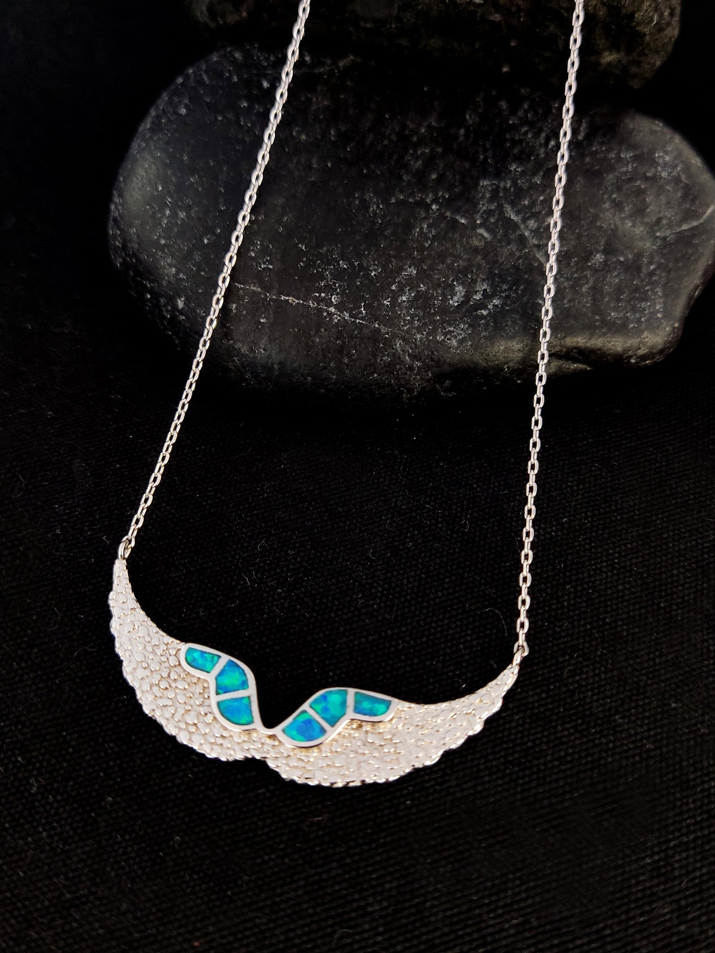 Sterling Silver 925 Fire Rainbow Blue Opal Angel Wings Chain Pendant Necklace, Griechischer Opal Kette, Bijoux Grecque, Greek Jewelry