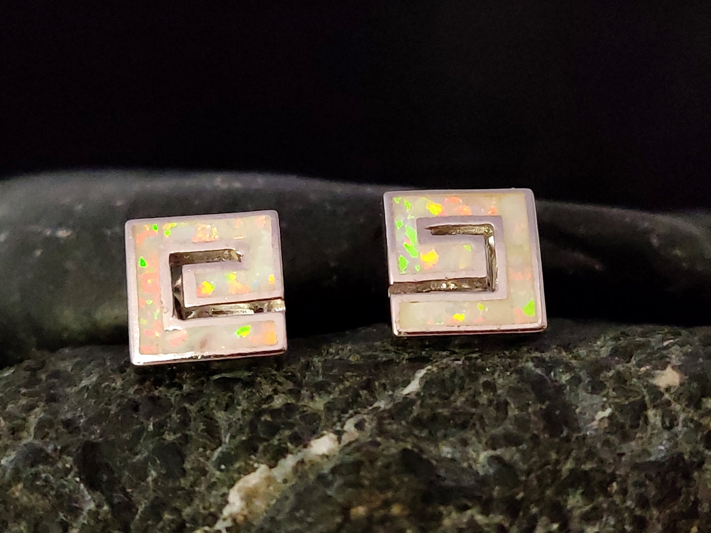 Sterling Silver 925 Greek Fire White Opal Stud Square Earrings 9x9mm, Greek Opal Square Earrings, Greek Jewelry, Griechischer Opal Ohrringe