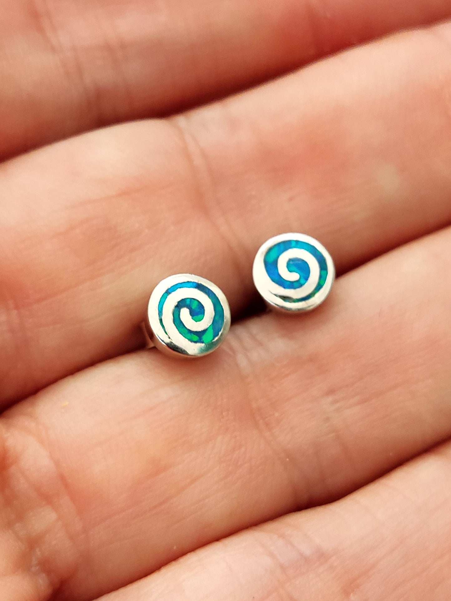 Greek Opal Earrings, Spiral Earrings, Small Earrings 7mm, Sterling Silver 925, Greek Spiral Opal Jewelry, Greek Jewelry, Round Earrings