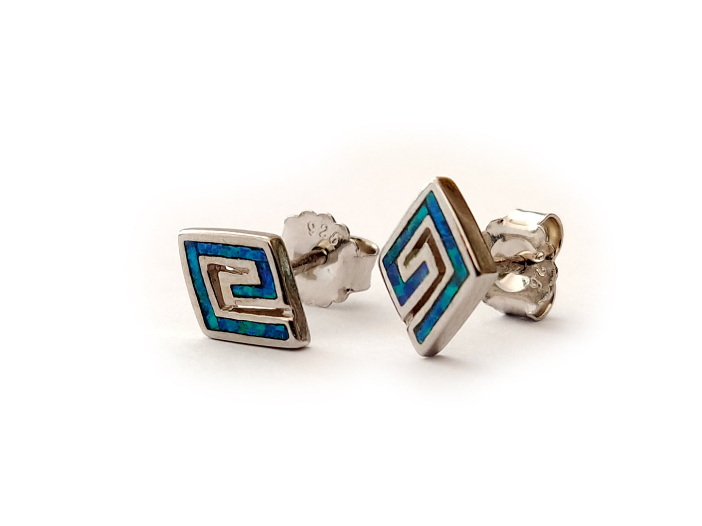 Greek Opal Earrings, Square Earrings, Small Earrings 10x7mm, Sterling Silver 925, Greek Key Opal Jewelry, Greek Jewelry, Round Earrings