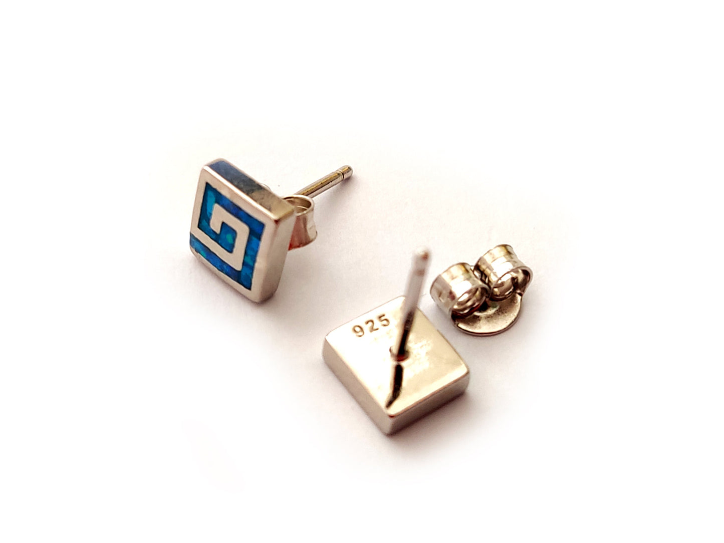 Greek Opal Earrings, Square Earrings, Small Earrings 6mm, Sterling Silver 925, Greek Key Opal Jewelry, Greek Jewelry, Round Earrings