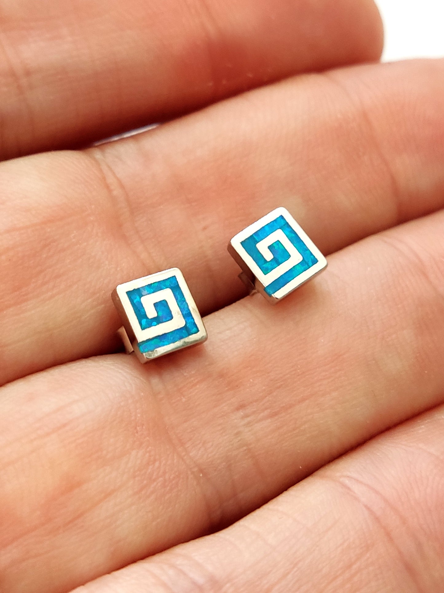 Greek Opal Earrings, Square Earrings, Small Earrings 6mm, Sterling Silver 925, Greek Key Opal Jewelry, Greek Jewelry, Round Earrings