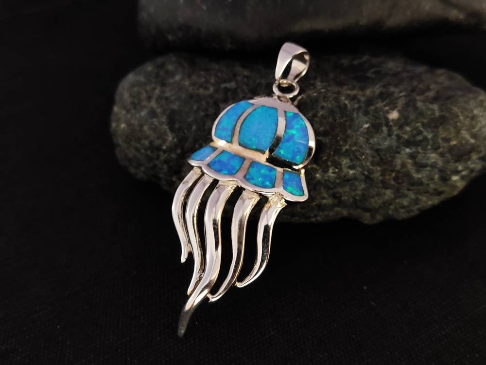 Sterling Silver 925 Jellyfish Medusa 40x12mm Opal Pendant, Jellyfish Fire Opal Pendant, Griechisches Blau Opal Anhanger, Grecque Pendetif