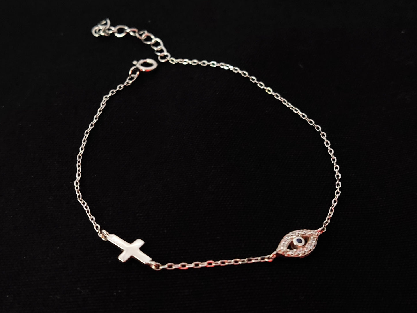 Sterling Silver 925 Greek Evil Eye Cross Fine Adjustable Bracelet , Crystal Blue Evil Eye, Silver Cross Bracelet, Fine Evil Eye bracelet