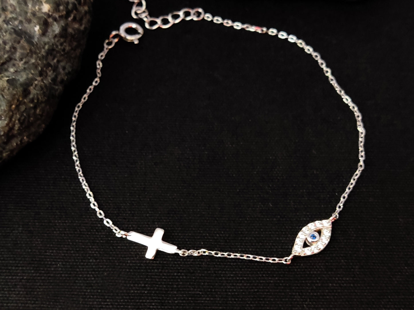 Sterling Silver 925 Greek Evil Eye Cross Fine Adjustable Bracelet , Crystal Blue Evil Eye, Silver Cross Bracelet, Fine Evil Eye bracelet