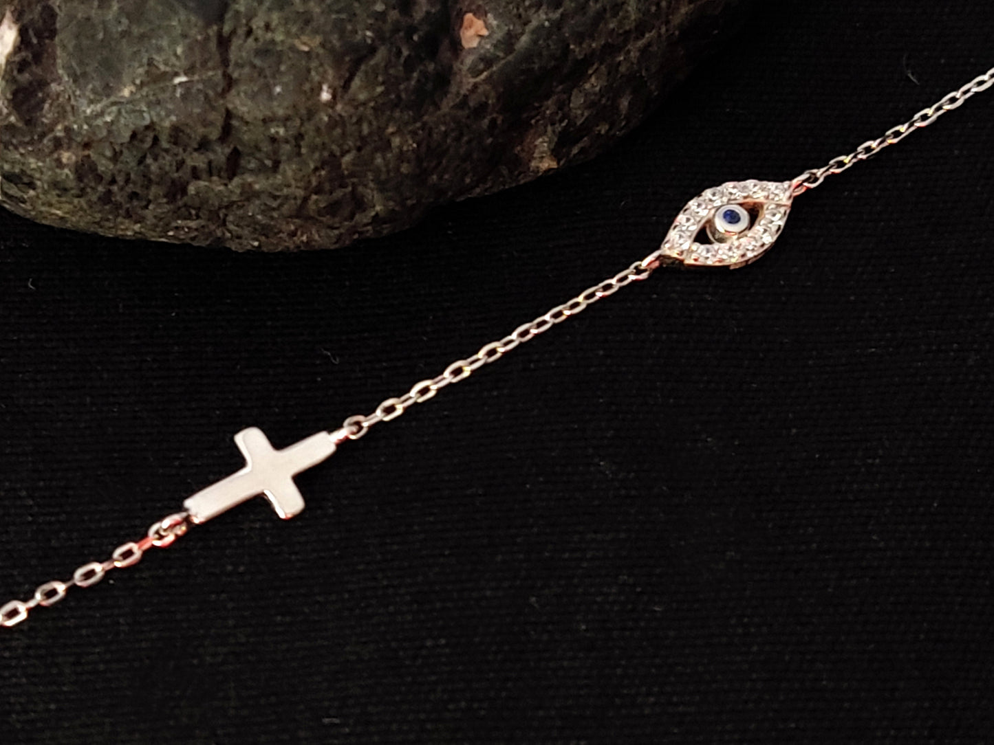 Sterling Silver 925 Greek Evil Eye Cross Fine Adjustable Bracelet , Crystal Blue Evil Eye, Silver Cross Bracelet, Fine Evil Eye bracelet