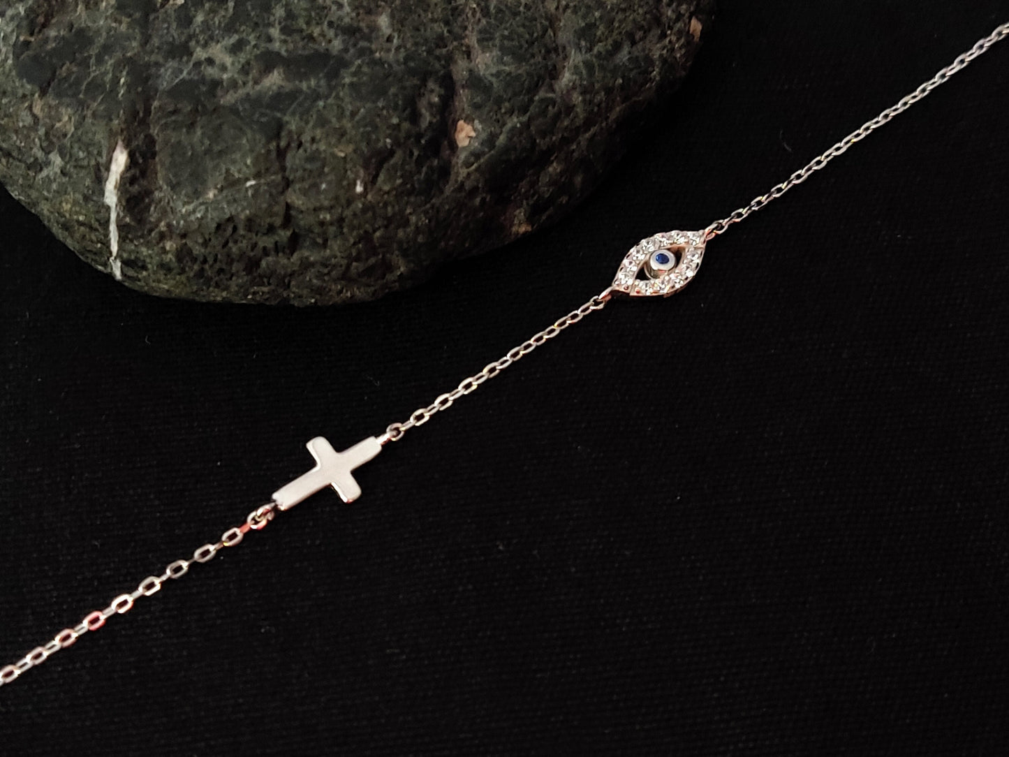 Sterling Silver 925 Greek Evil Eye Cross Fine Adjustable Bracelet , Crystal Blue Evil Eye, Silver Cross Bracelet, Fine Evil Eye bracelet