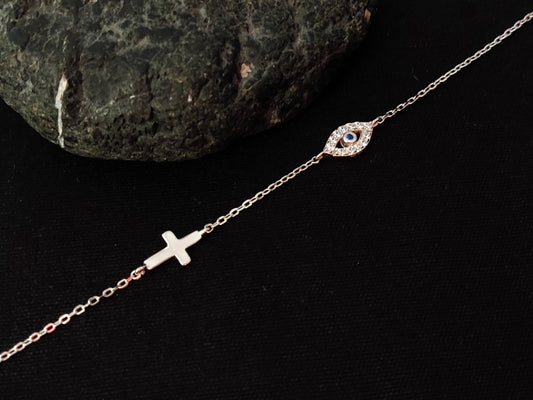 Sterling Silver 925 Greek Evil Eye Cross Fine Adjustable Bracelet , Crystal Blue Evil Eye, Silver Cross Bracelet, Fine Evil Eye bracelet