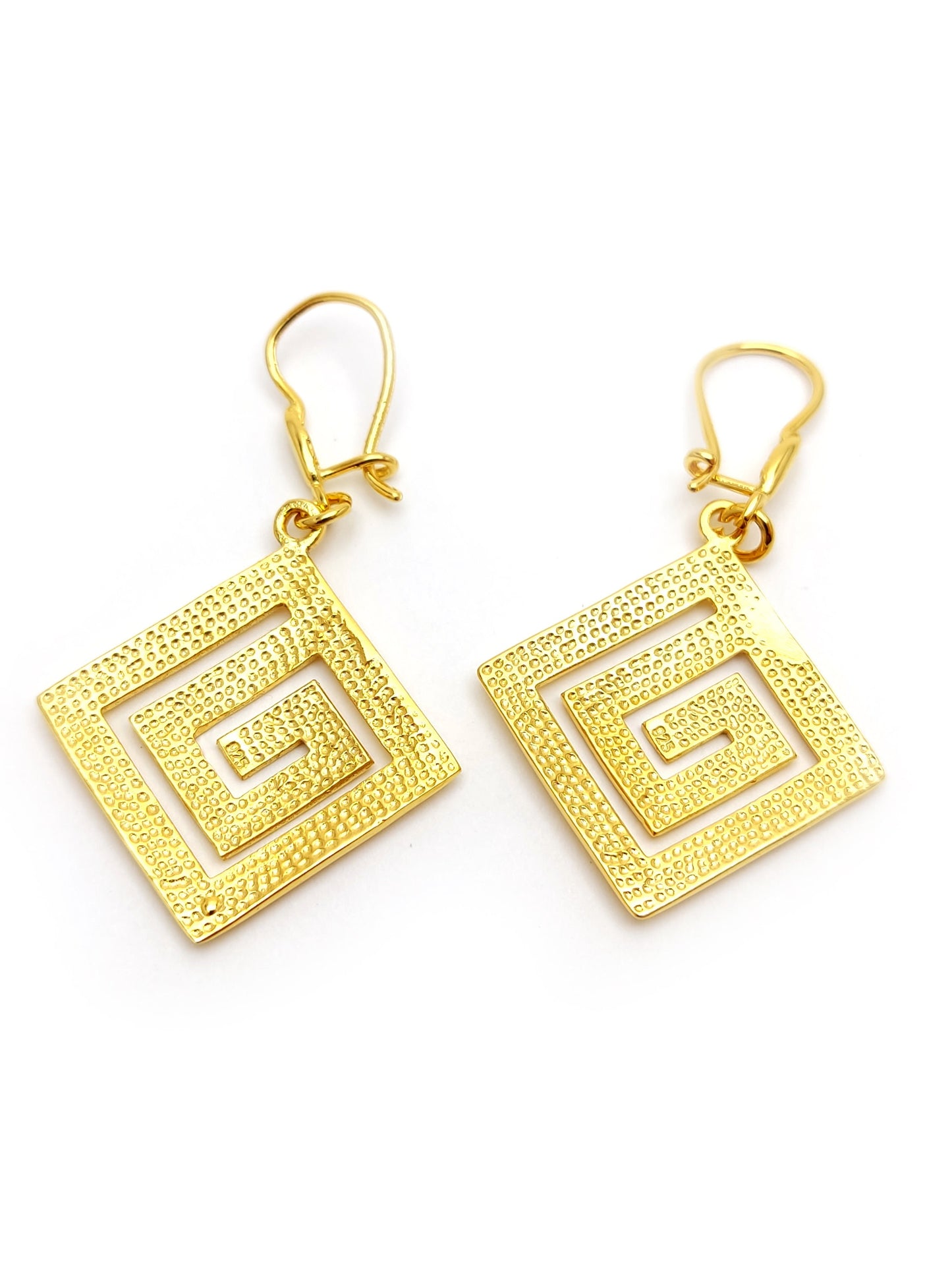 Sterling Silver 925 Modern Greek Eternity Key Dangle Gold Plated Earrings 20x20 mm, boucles d'oreilles Grecque, Griechische Silber Ohrringe