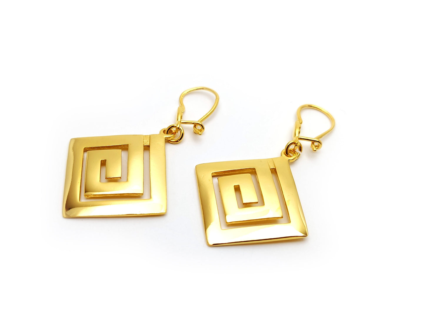 Sterling Silver 925 Modern Greek Eternity Key Dangle Gold Plated Earrings 20x20 mm, boucles d'oreilles Grecque, Griechische Silber Ohrringe