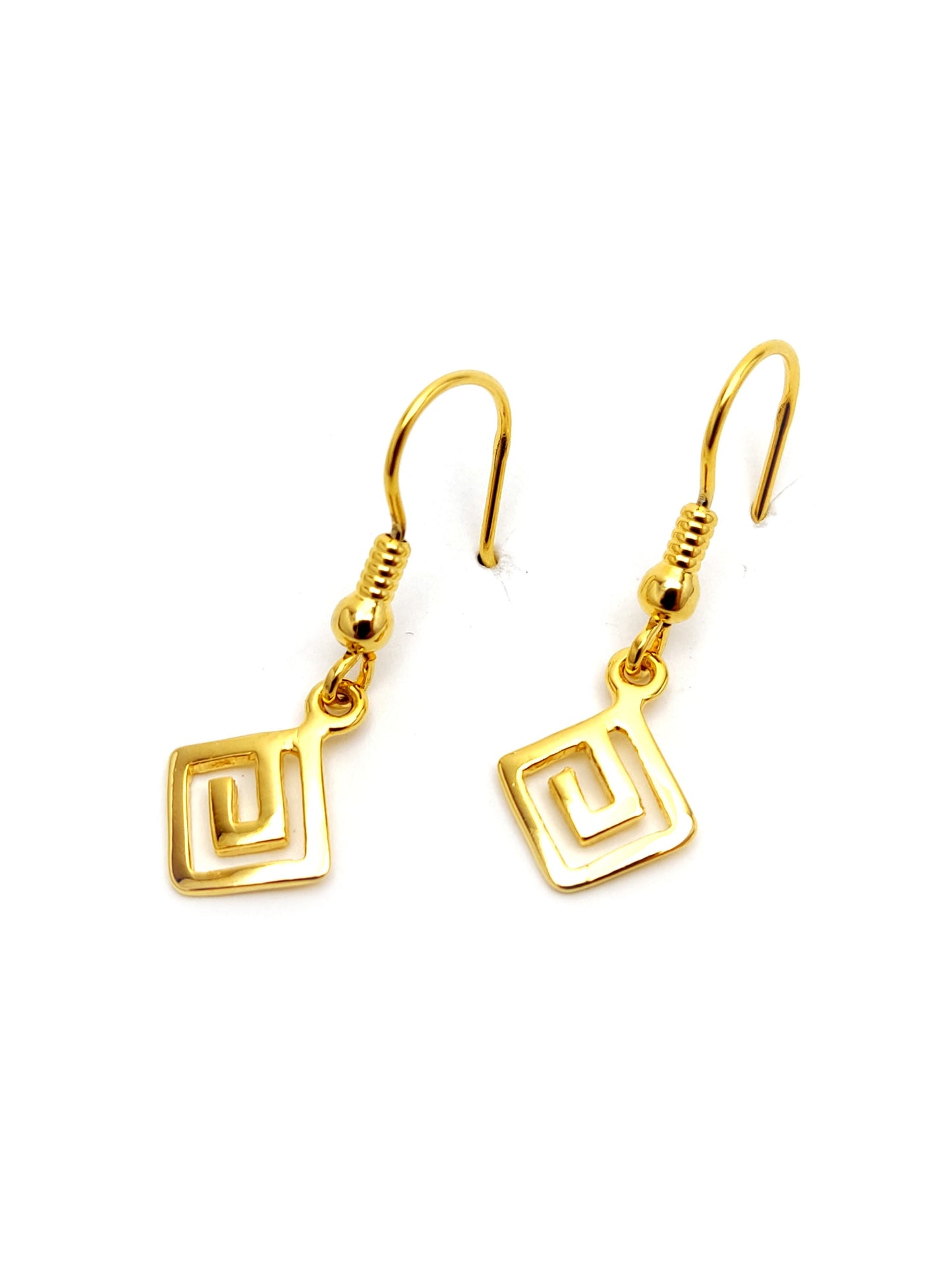 Sterling Silver 925 Greek Eternity Key Dangle Gold Plated Small Earrings 8x8mm, boucles d'oreilles Grecque, Griechische Silber Ohrringe