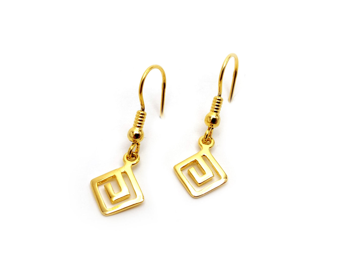 Sterling Silver 925 Greek Eternity Key Dangle Gold Plated Small Earrings 8x8mm, boucles d'oreilles Grecque, Griechische Silber Ohrringe
