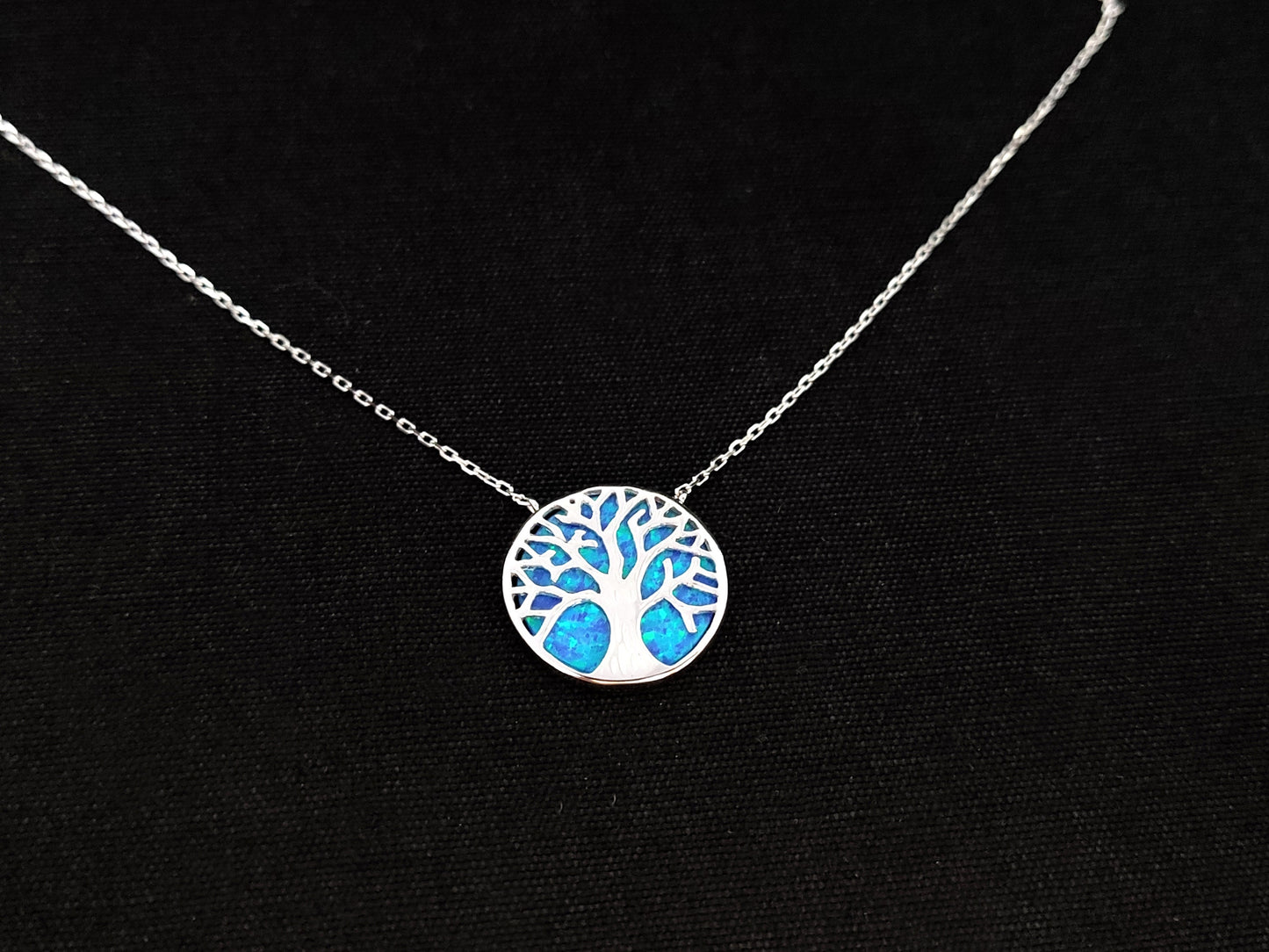 Sterling Silver 925 Fire Rainbow Blue Opal Tree Of Life Chain Pendant Necklace, Griechischer Opal Kette, Bijoux Grecque, Greek Jewelry