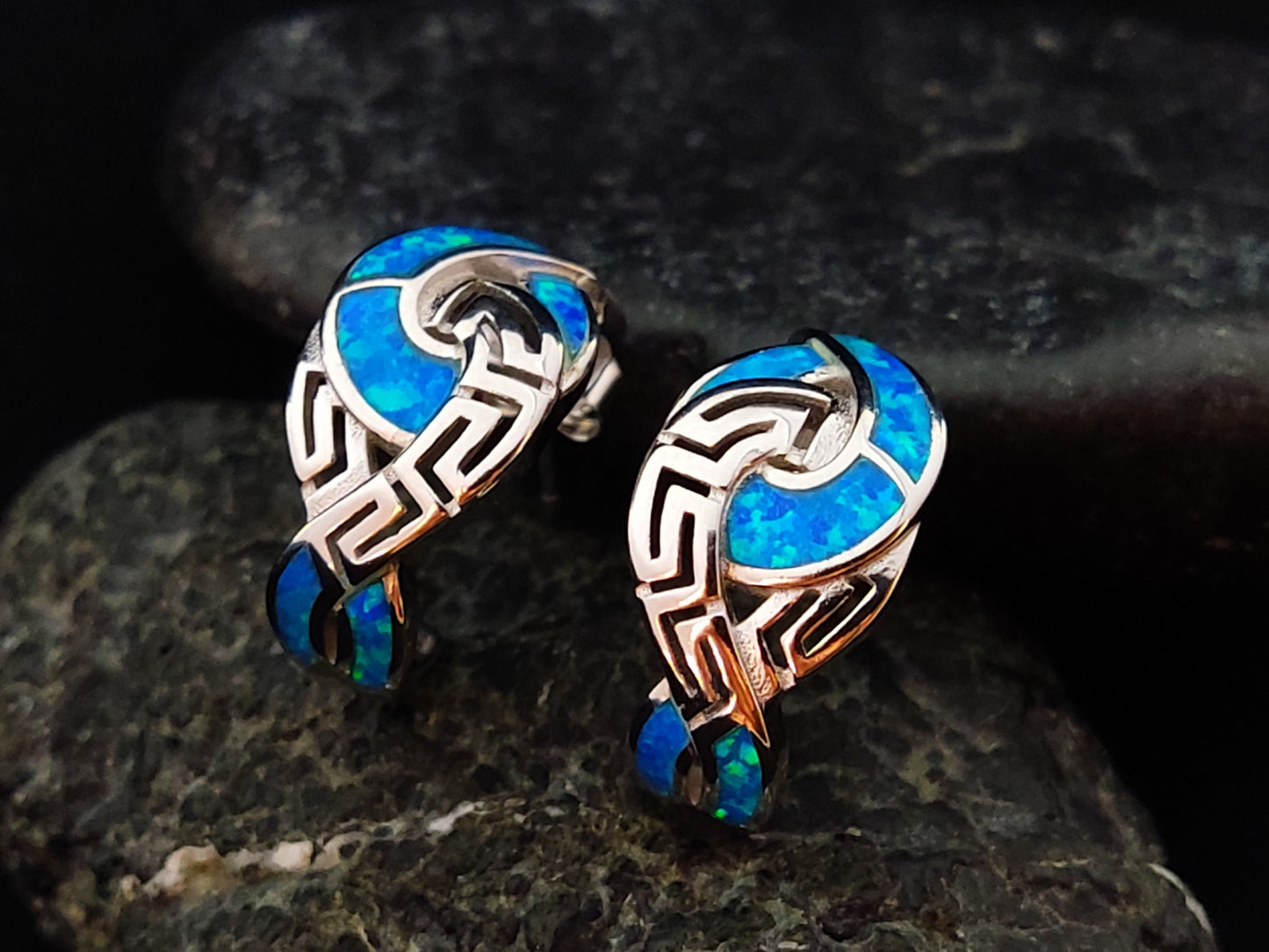 Sterling Silver 925 Opal Meander Greek Gordian Knot Curved Stud Earrings, Greek Key , Griechisches Ohrringe, Bijoux Grecque, Bijoux Grecque