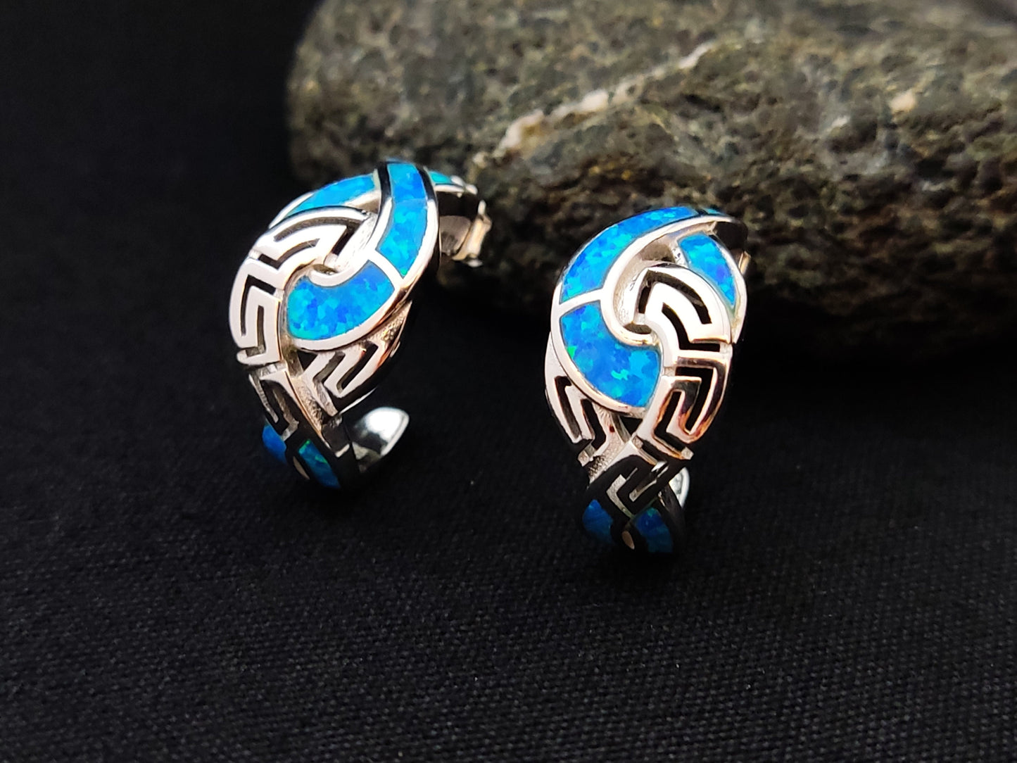 Sterling Silver 925 Opal Meander Greek Gordian Knot Curved Stud Earrings, Greek Key , Griechisches Ohrringe, Bijoux Grecque, Bijoux Grecque