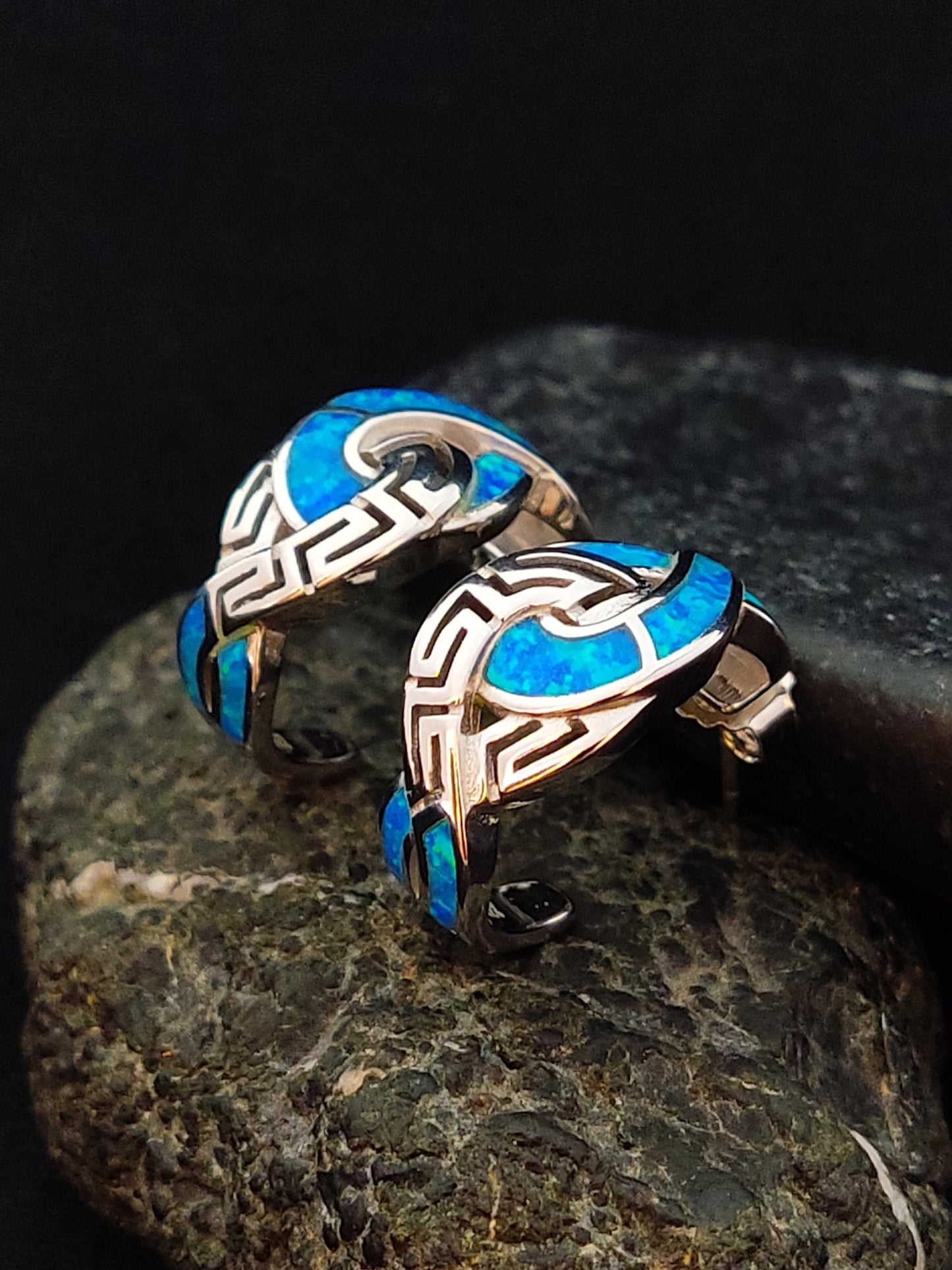 Sterling Silver 925 Opal Meander Greek Gordian Knot Curved Stud Earrings, Greek Key , Griechisches Ohrringe, Bijoux Grecque, Bijoux Grecque