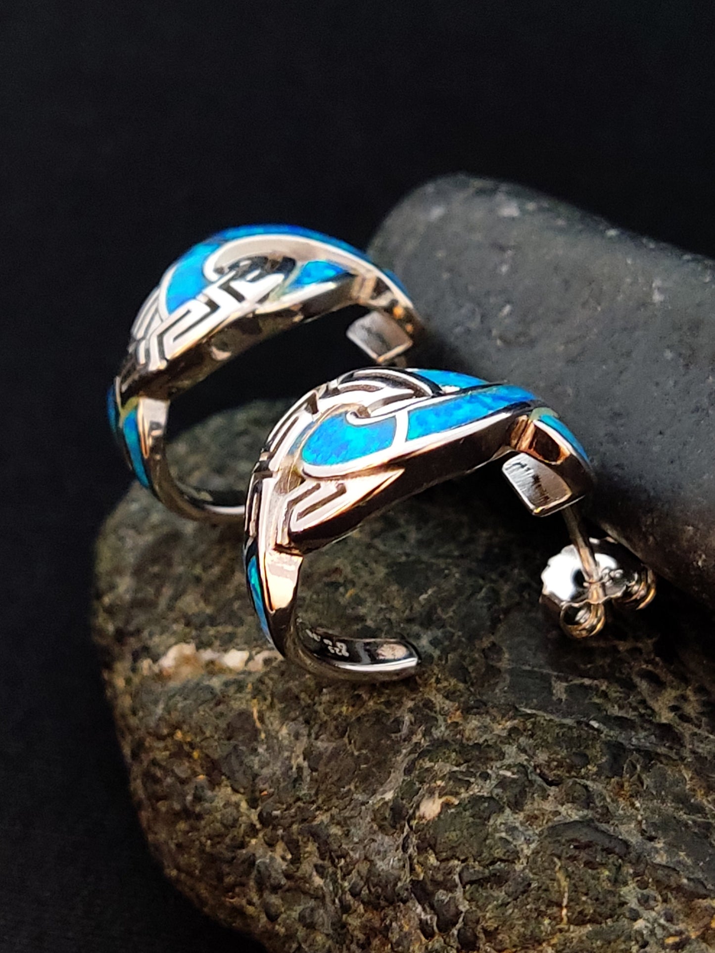 Sterling Silver 925 Opal Meander Greek Gordian Knot Curved Stud Earrings, Greek Key , Griechisches Ohrringe, Bijoux Grecque, Bijoux Grecque