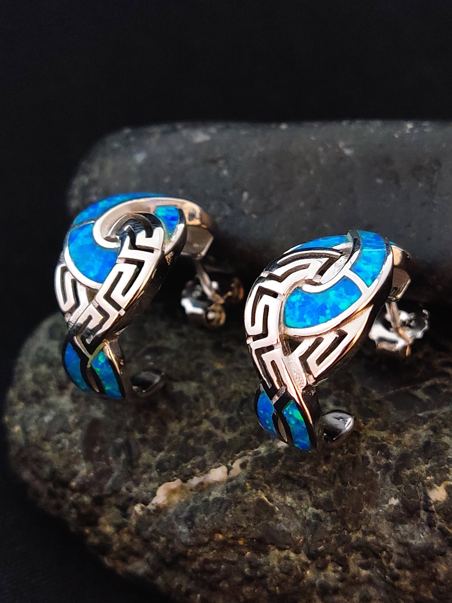 Sterling Silver 925 Opal Meander Greek Gordian Knot Curved Stud Earrings, Greek Key , Griechisches Ohrringe, Bijoux Grecque, Bijoux Grecque