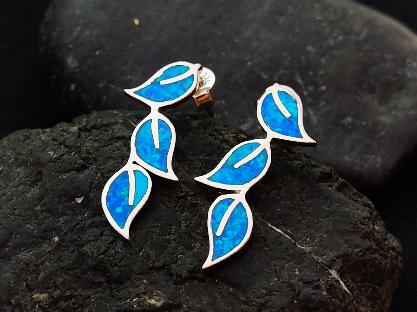 Sterling Silver 925 Greek Olive Triple Leaf Leaves Blue Opal Stud Earrings, Leaf Earrings, Griechische Ohrringe, Bijoux Grecque, 25x12mm