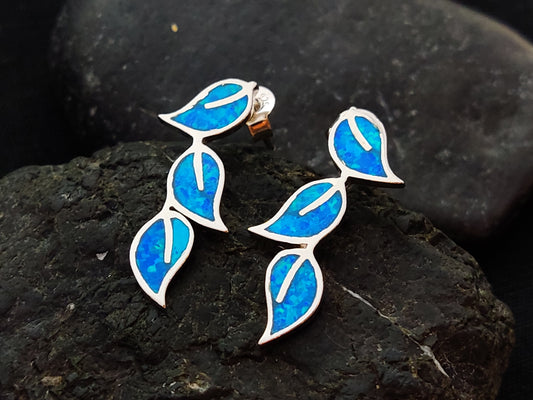 Sterling Silver 925 Greek Olive Triple Leaf Leaves Blue Opal Stud Earrings, Leaf Earrings, Griechische Ohrringe, Bijoux Grecque, 25x12mm