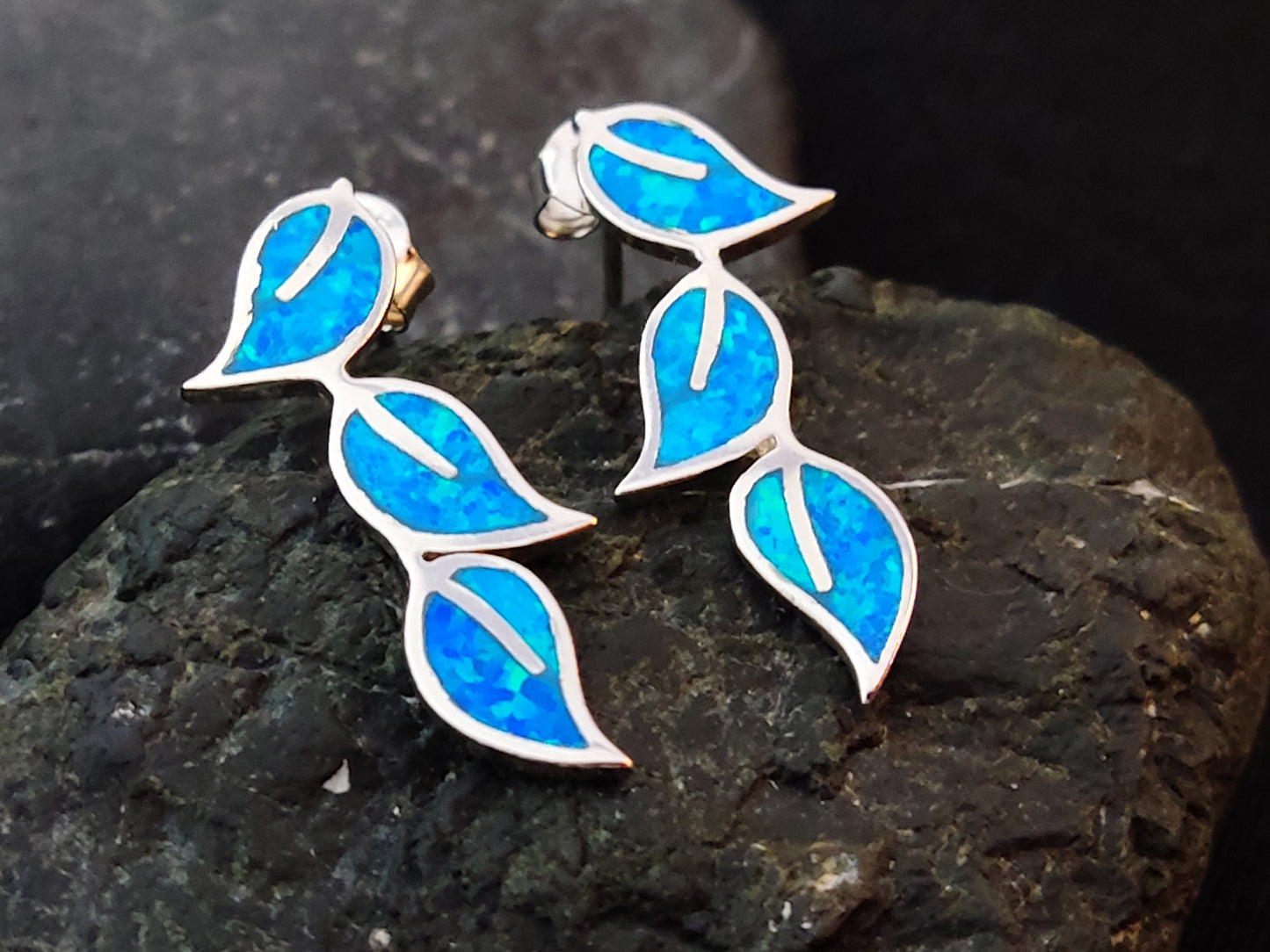 Sterling Silver 925 Greek Olive Triple Leaf Leaves Blue Opal Stud Earrings, Leaf Earrings, Griechische Ohrringe, Bijoux Grecque, 25x12mm