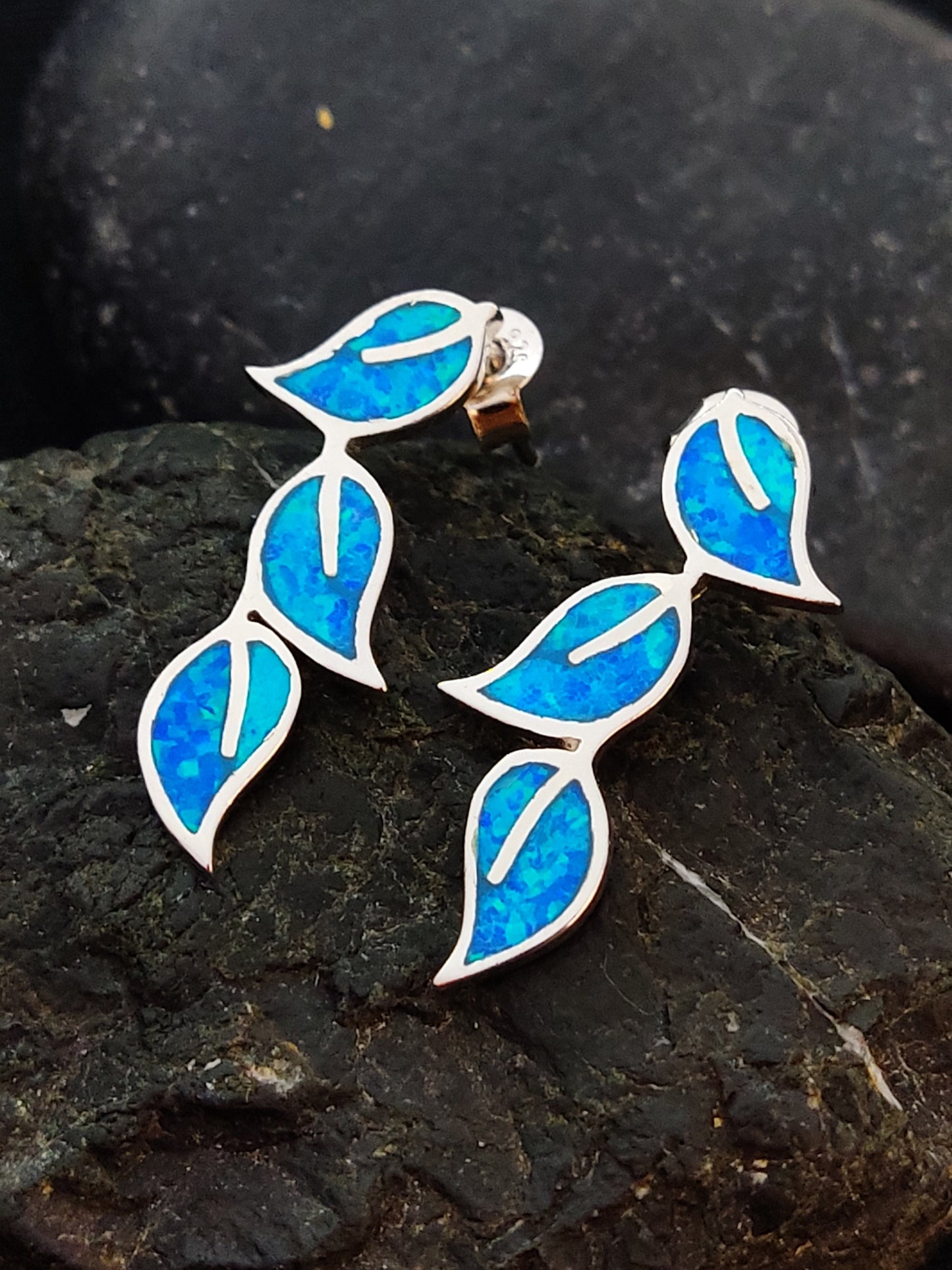 Sterling Silver 925 Greek Olive Triple Leaf Leaves Blue Opal Stud Earrings, Leaf Earrings, Griechische Ohrringe, Bijoux Grecque, 25x12mm
