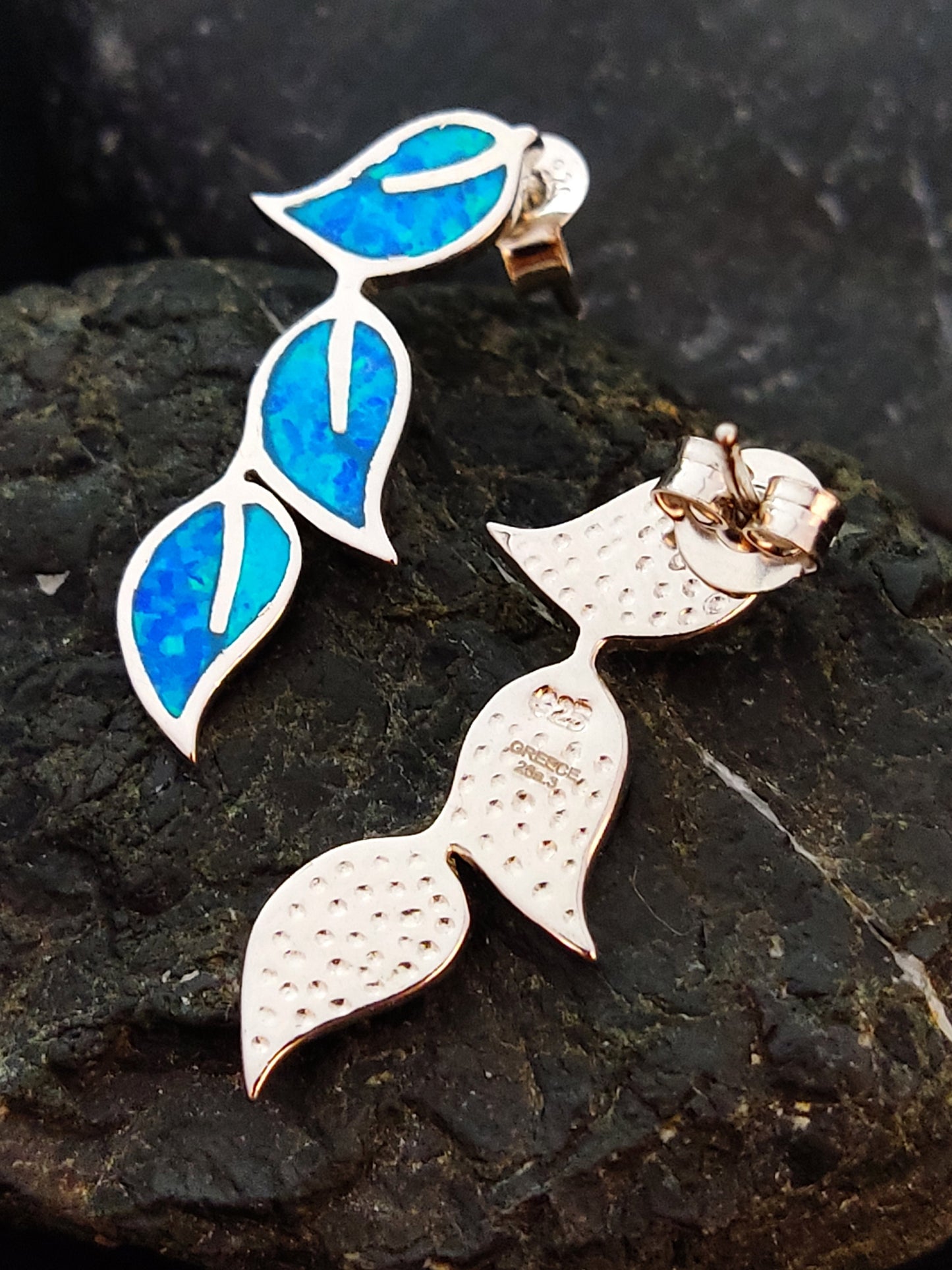Sterling Silver 925 Greek Olive Triple Leaf Leaves Blue Opal Stud Earrings, Leaf Earrings, Griechische Ohrringe, Bijoux Grecque, 25x12mm