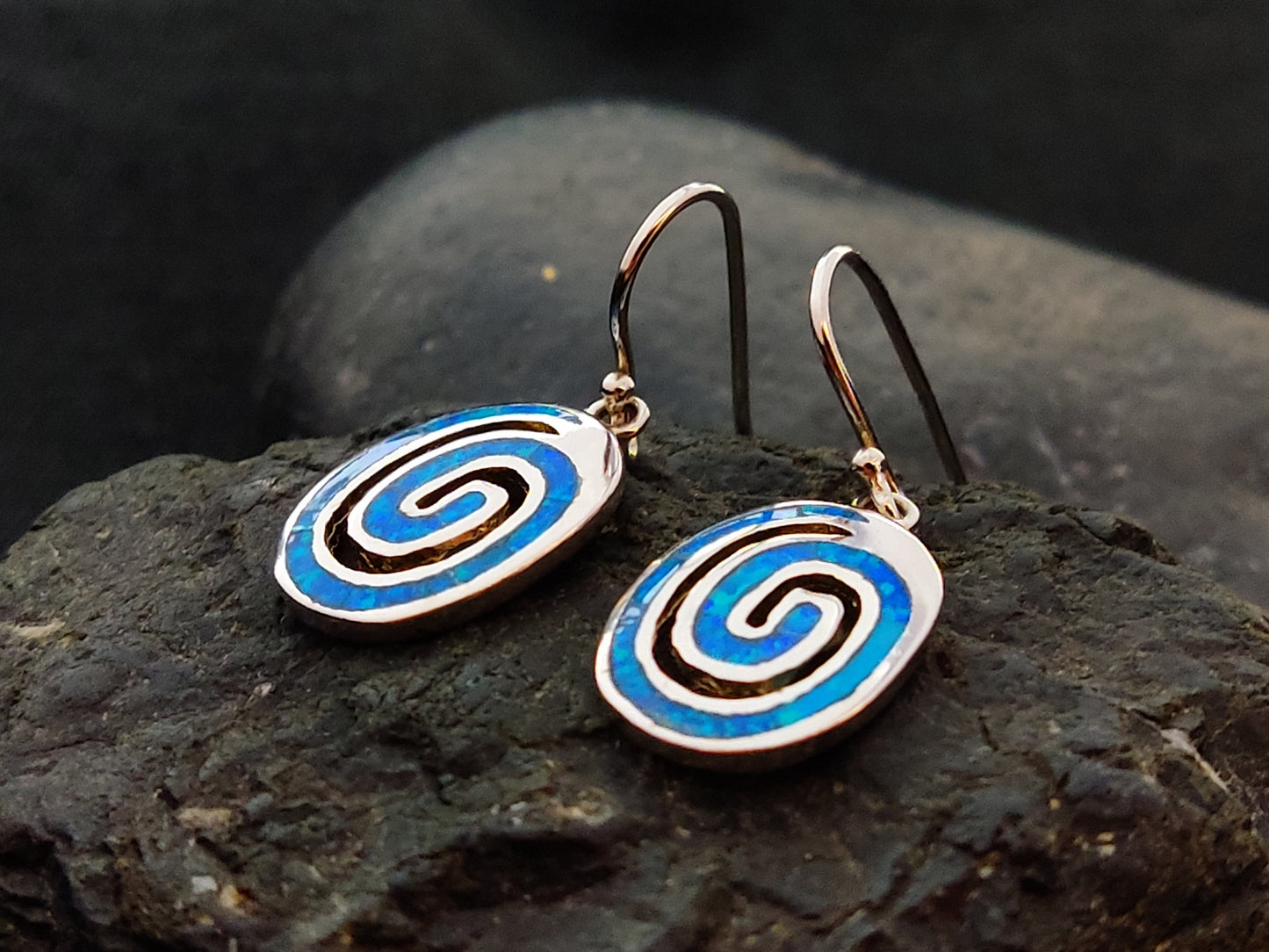 Sterling Silver 925 Greek Circle Of Life Spiral Blue Opal Dangle Earrings 15x11mm, Griechischer Blau Opal Ohrringe, Bijoux Grecque