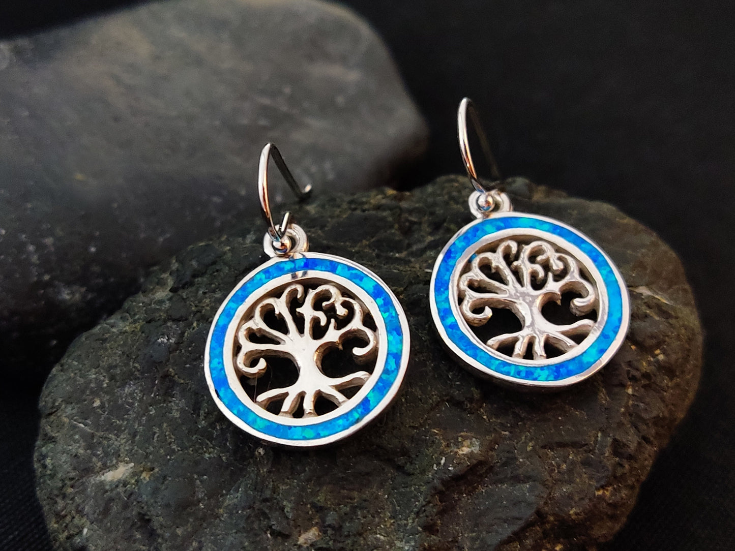 Sterling Silver 925 Fire Blue Opal Tree Of Life Dangle Earrings 16mm, Greek Opal Round Earrings, Greek Jewelry, Griechischer Opal Ohrringe
