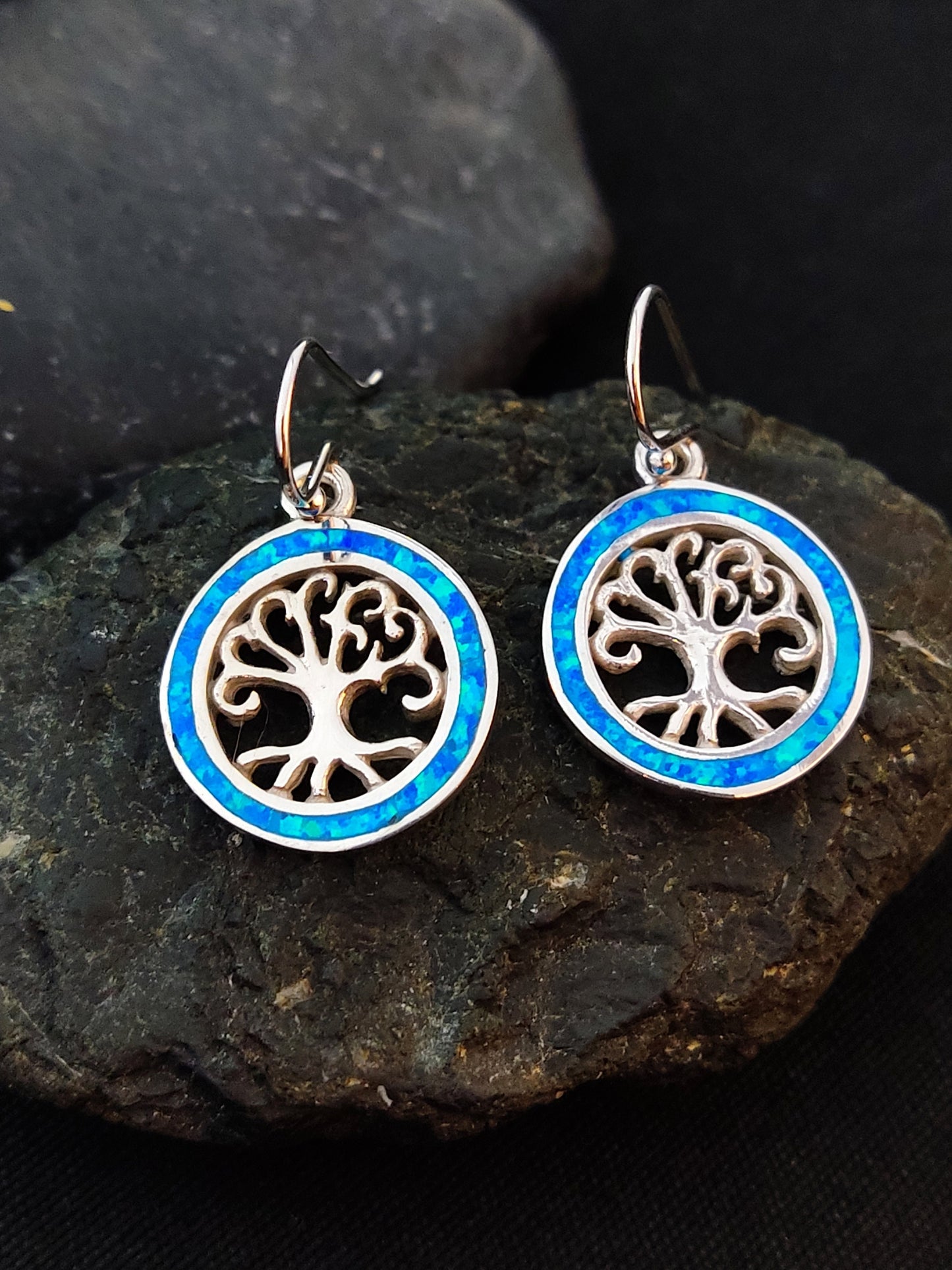 Sterling Silver 925 Fire Blue Opal Tree Of Life Dangle Earrings 16mm, Greek Opal Round Earrings, Greek Jewelry, Griechischer Opal Ohrringe