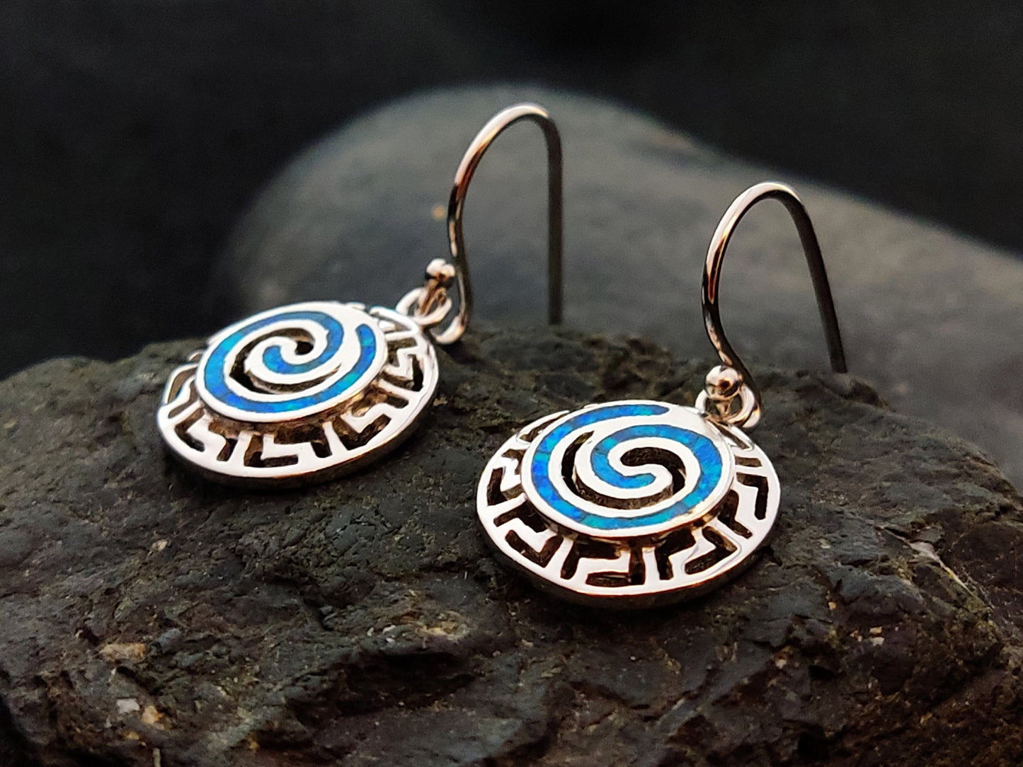 Sterling Silver 925 Greek Key Circle Of Life Spiral Meander Blue Opal Dangle Earrings 14mm, Griechischer Blau Opal Ohrringe, Bijoux Grecque