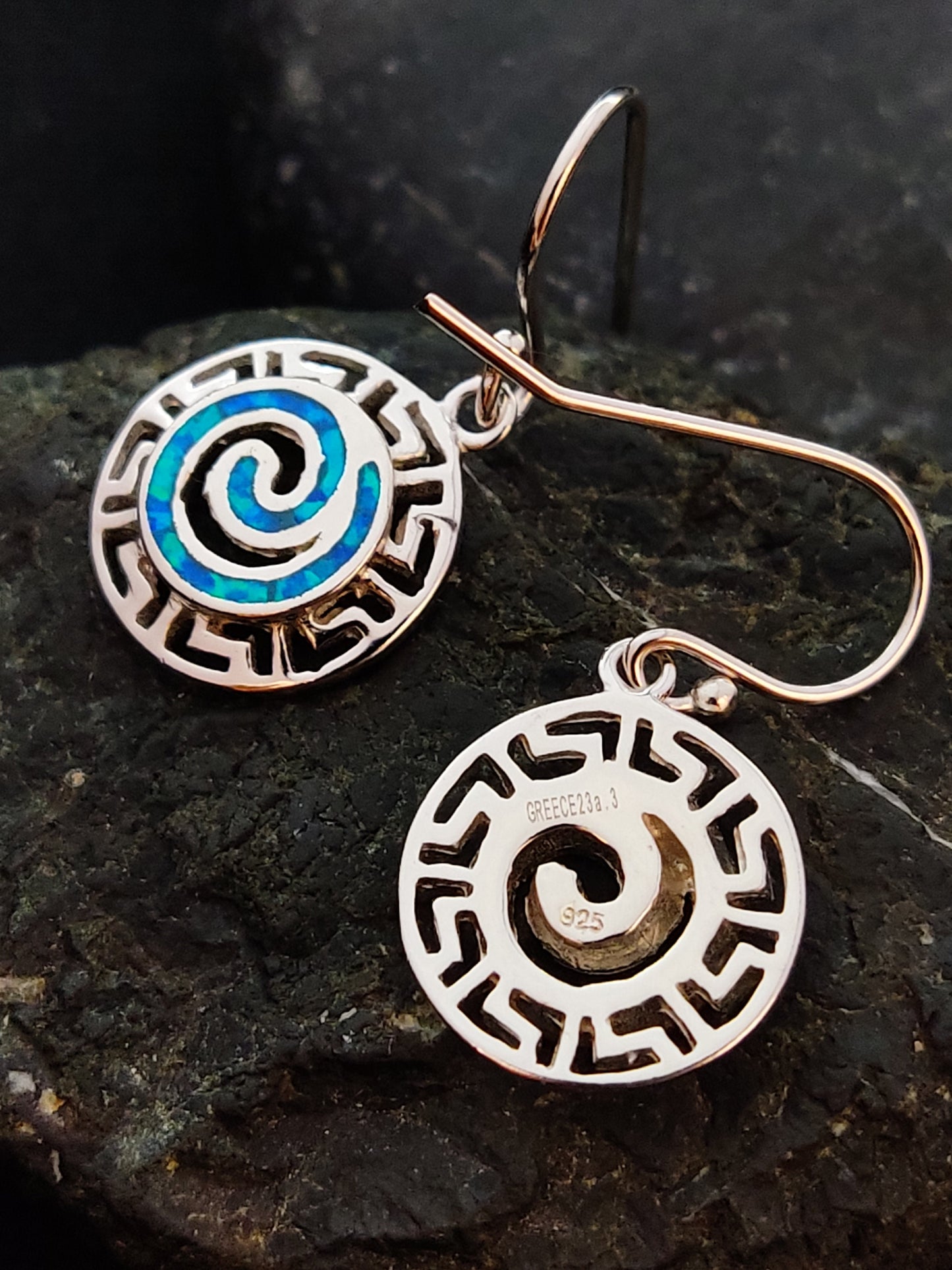 Sterling Silver 925 Greek Key Circle Of Life Spiral Meander Blue Opal Dangle Earrings 14mm, Griechischer Blau Opal Ohrringe, Bijoux Grecque