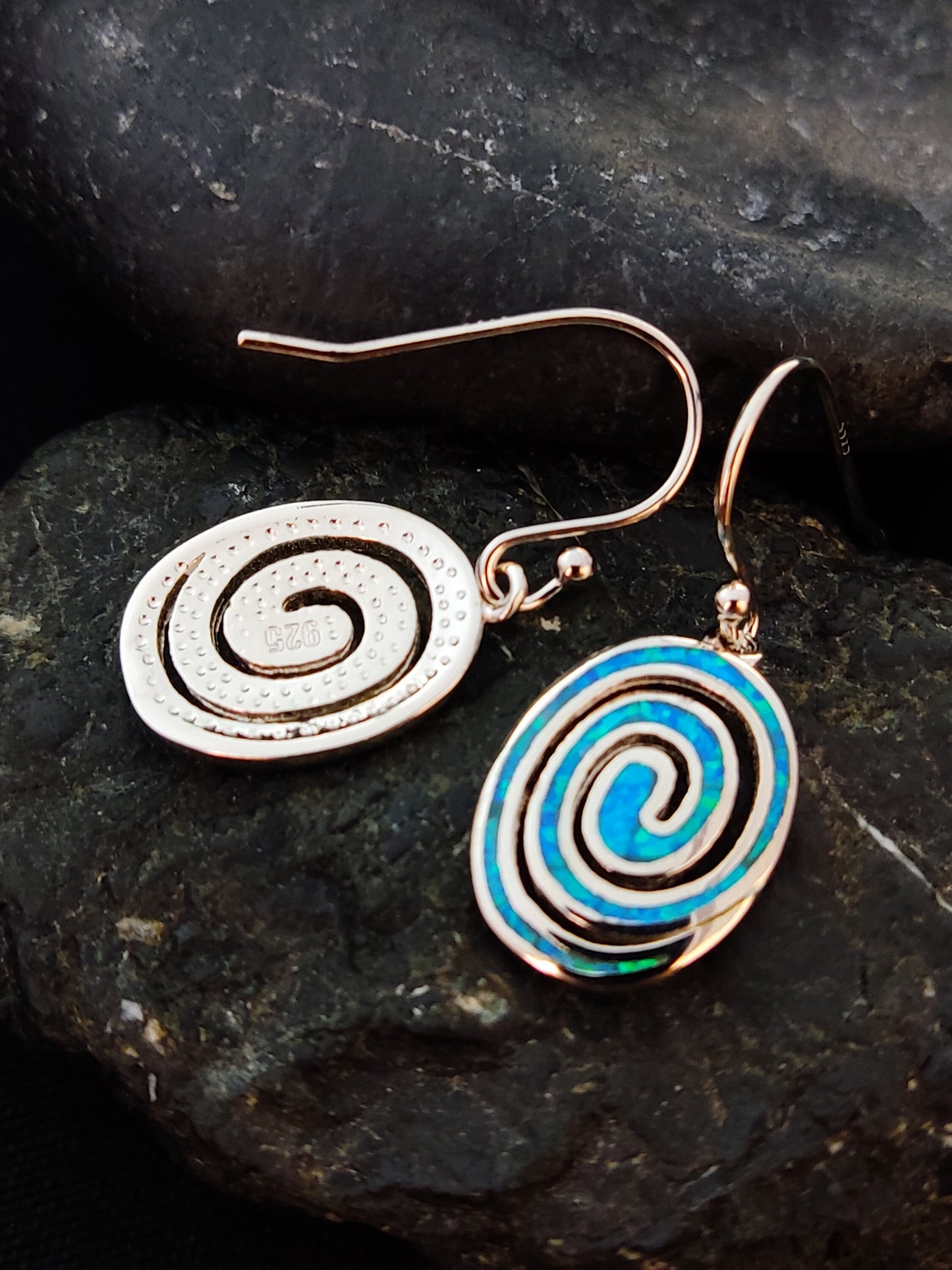 Sterling Silver 925 Greek Circle Of Life Spiral Blue Opal Dangle Earrings 15x12mm, Griechischer Blau Opal Ohrringe, Bijoux Grecque