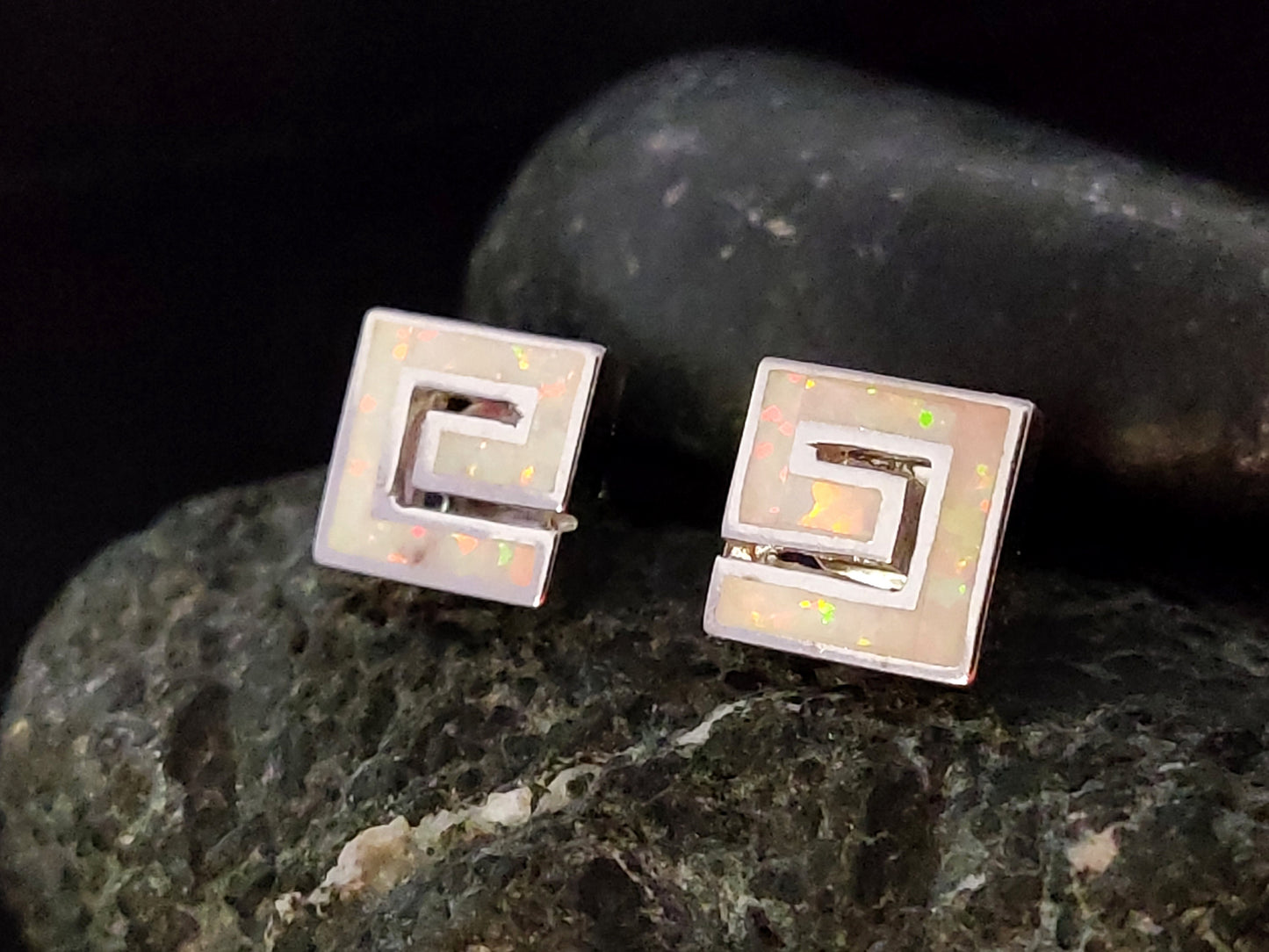 Sterling Silver 925 Greek Fire White Opal Stud Square Earrings 9x9mm, Greek Opal Square Earrings, Greek Jewelry, Griechischer Opal Ohrringe
