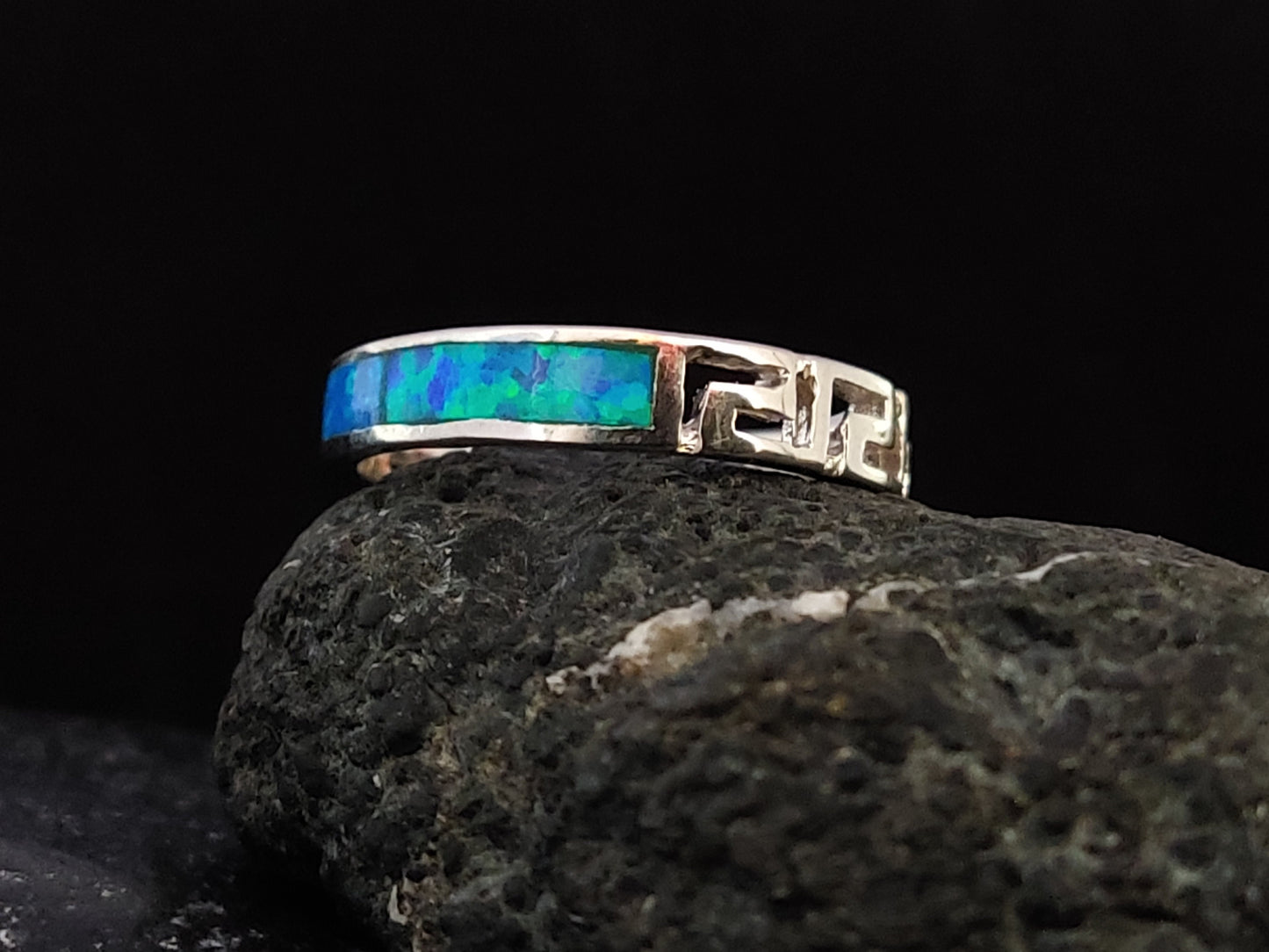 Sterling Silver 925 Meander Opal Ring, Greek Key Pattern Blue Opal Ring, Greek Opal Jewelry, Griechisches Opal Silber Ring,Bague Grecque