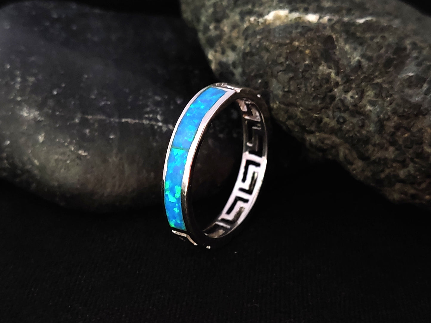 Sterling Silver 925 Meander Opal Ring, Greek Key Pattern Blue Opal Ring, Greek Opal Jewelry, Griechisches Opal Silber Ring,Bague Grecque