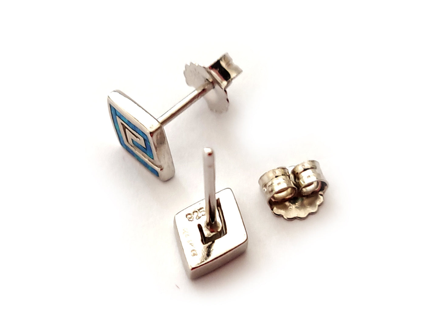 Greek Opal Earrings, Square Earrings, Small Earrings 10x7mm, Sterling Silver 925, Greek Key Opal Jewelry, Greek Jewelry, Round Earrings
