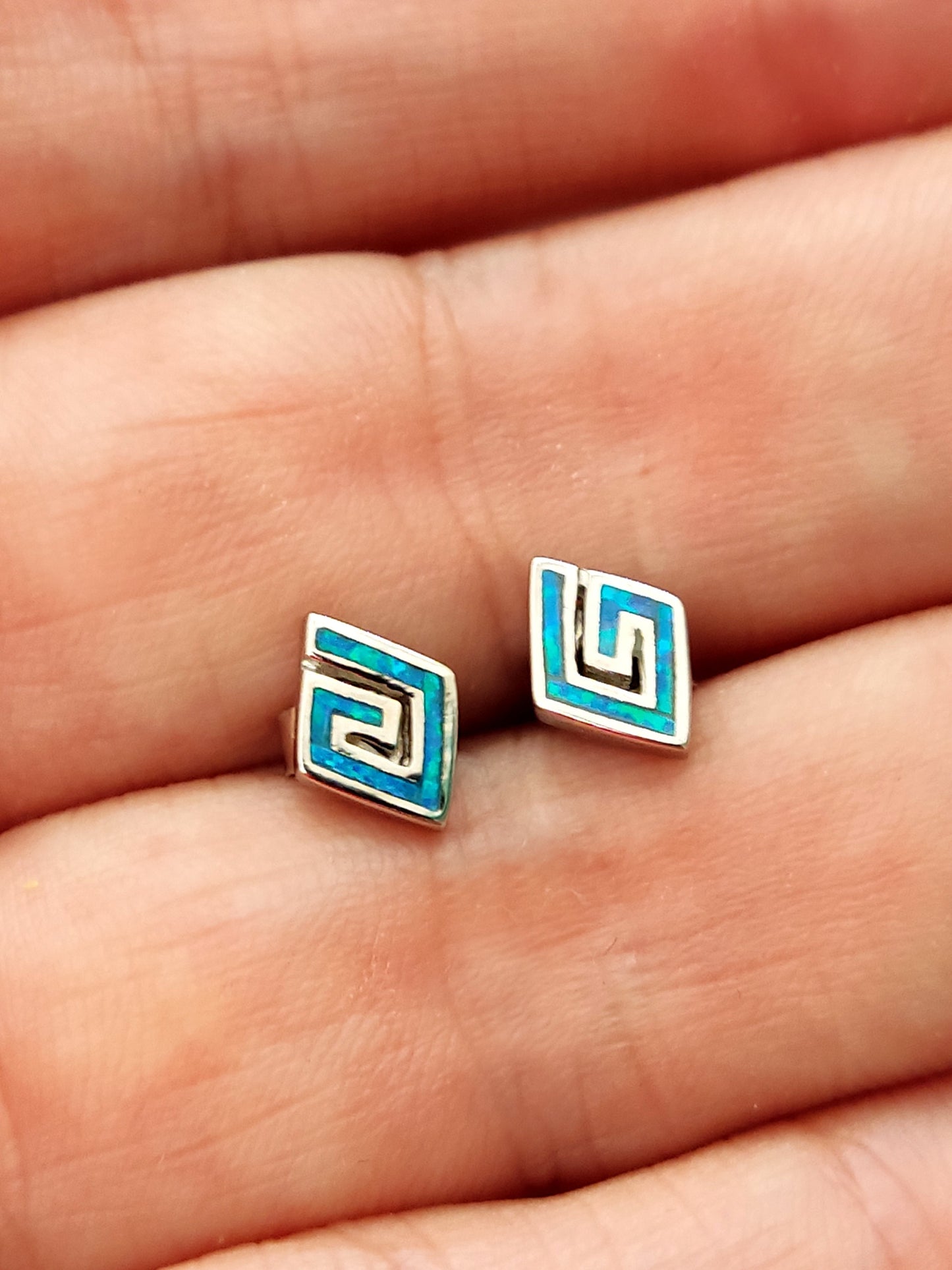 Greek Opal Earrings, Square Earrings, Small Earrings 10x7mm, Sterling Silver 925, Greek Key Opal Jewelry, Greek Jewelry, Round Earrings