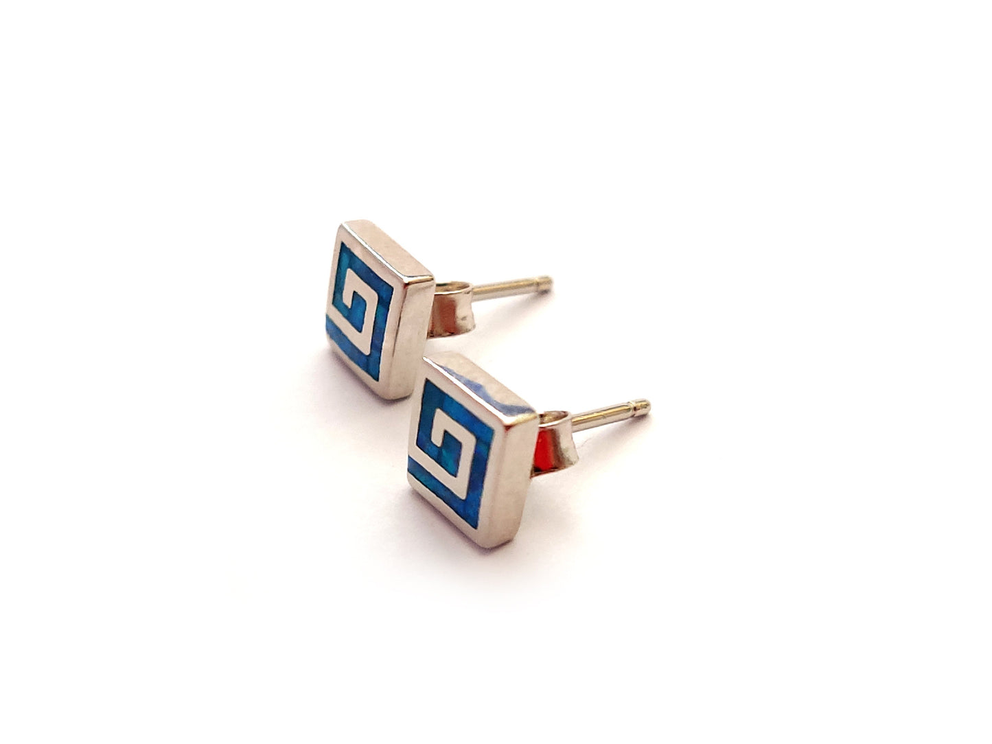 Greek Opal Earrings, Square Earrings, Small Earrings 6mm, Sterling Silver 925, Greek Key Opal Jewelry, Greek Jewelry, Round Earrings