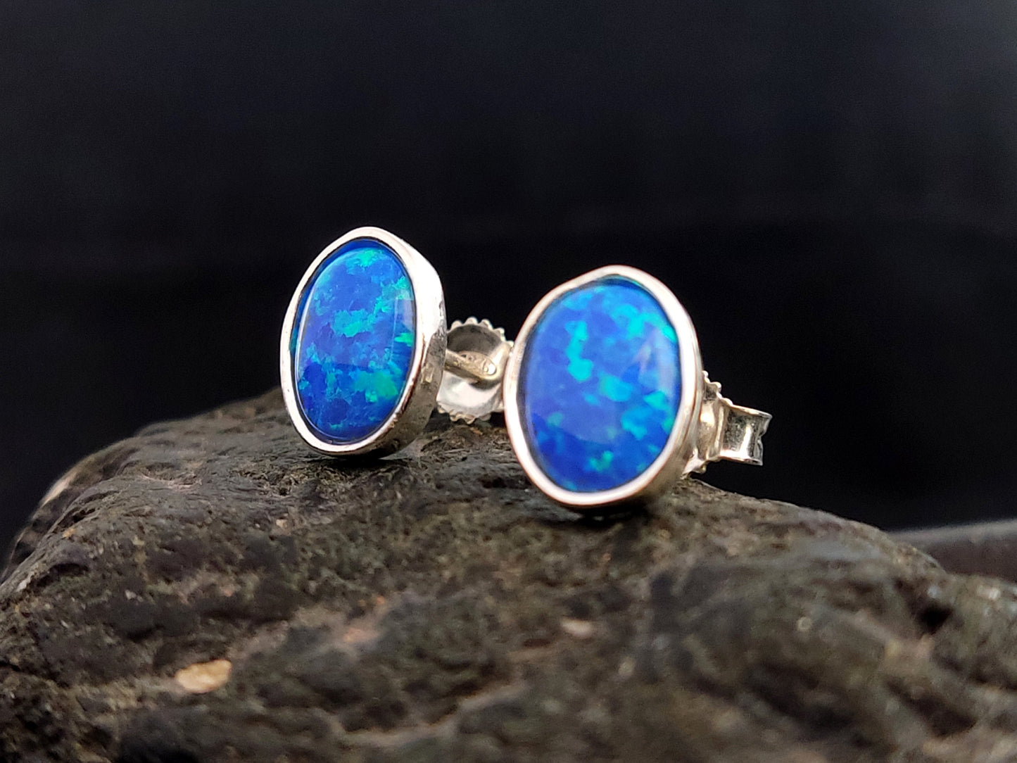 Sterling Silver 925 Greek Oval Fire Blue Opal Stud Earrings 10x8mm, Greek Opal Jewelry, From Greece, Griechischer Opal Silber Ohrringe