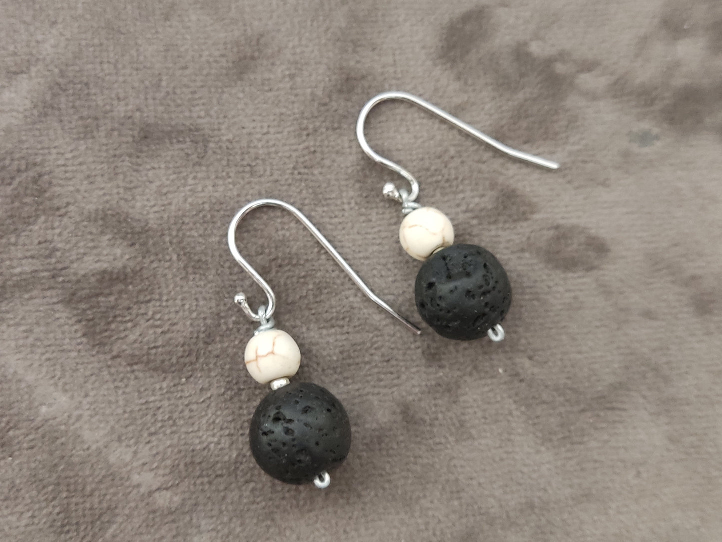 Greek Volcanic Black Lava Stones & White Howlite Dangle Earrings, Jewelry From Greece, Black White Earrings Jewelry, Sterling Silver 925
