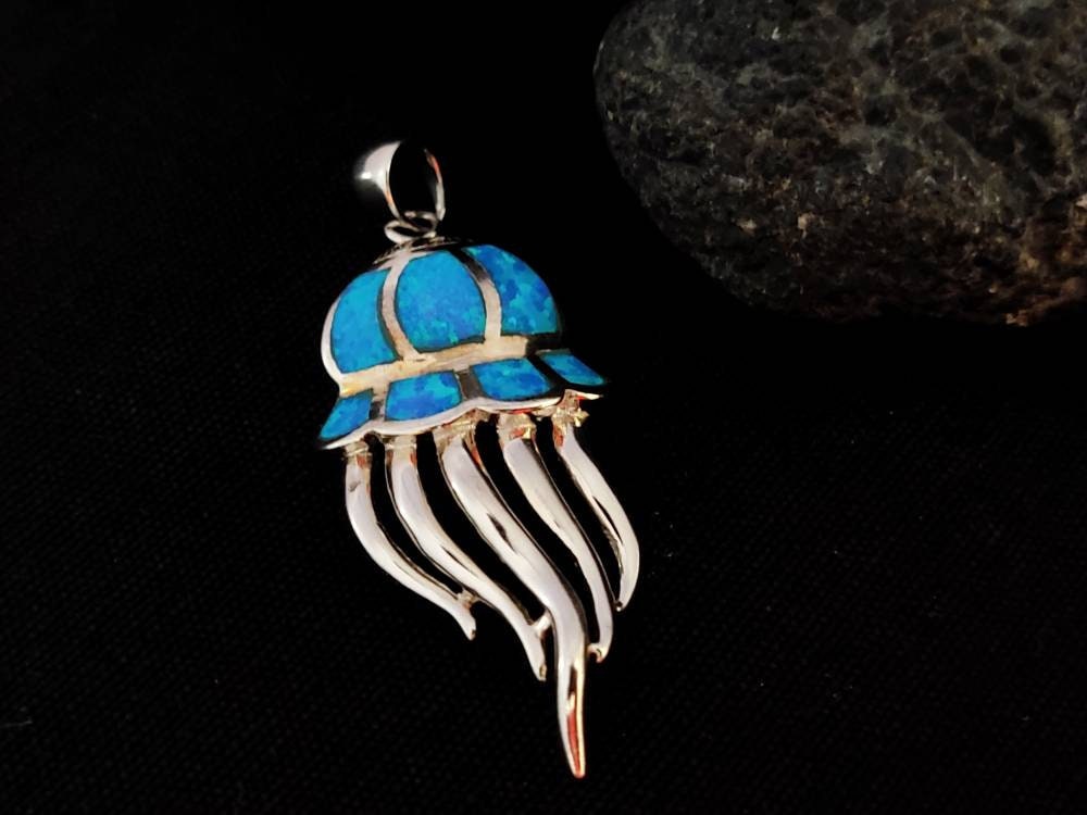 Sterling Silver 925 Jellyfish Medusa 40x12mm Opal Pendant, Jellyfish Fire Opal Pendant, Griechisches Blau Opal Anhanger, Grecque Pendetif