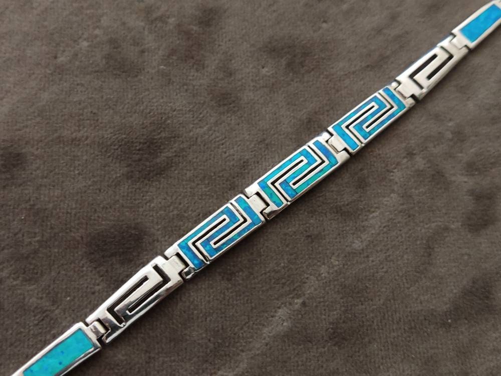Sterling Silver 925 Ancient Greek Fine Bracelet Eternity Key Pattern - Fire Rainbow Opal Meander, Griechische Opal Armband , Greek Jewelry