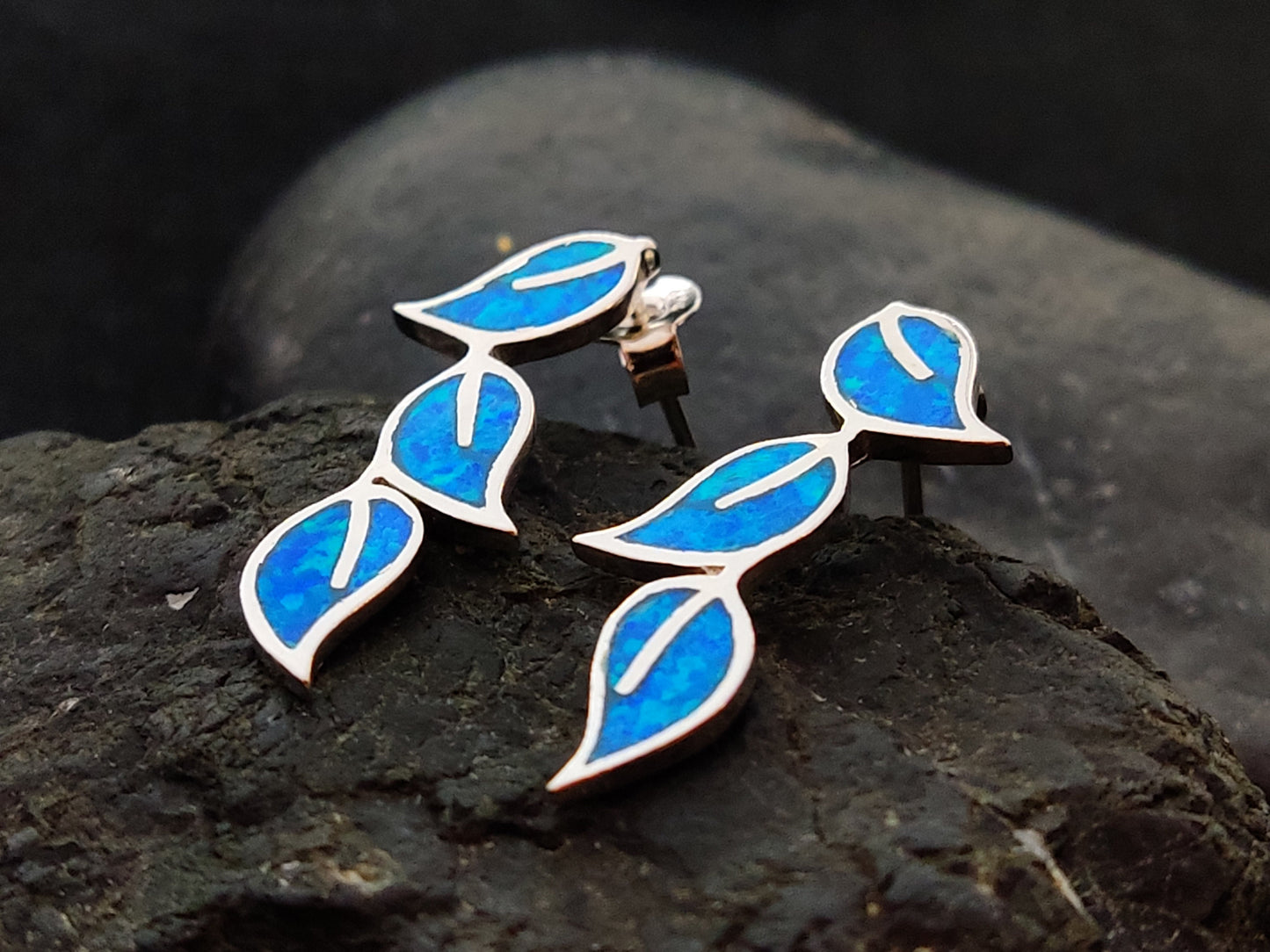 Sterling Silver 925 Greek Olive Triple Leaf Leaves Blue Opal Stud Earrings, Leaf Earrings, Griechische Ohrringe, Bijoux Grecque, 25x12mm