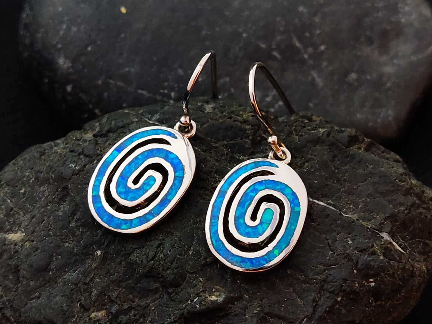 Sterling Silver 925 Greek Circle Of Life Spiral Blue Opal Dangle Earrings 15x11mm, Griechischer Blau Opal Ohrringe, Bijoux Grecque