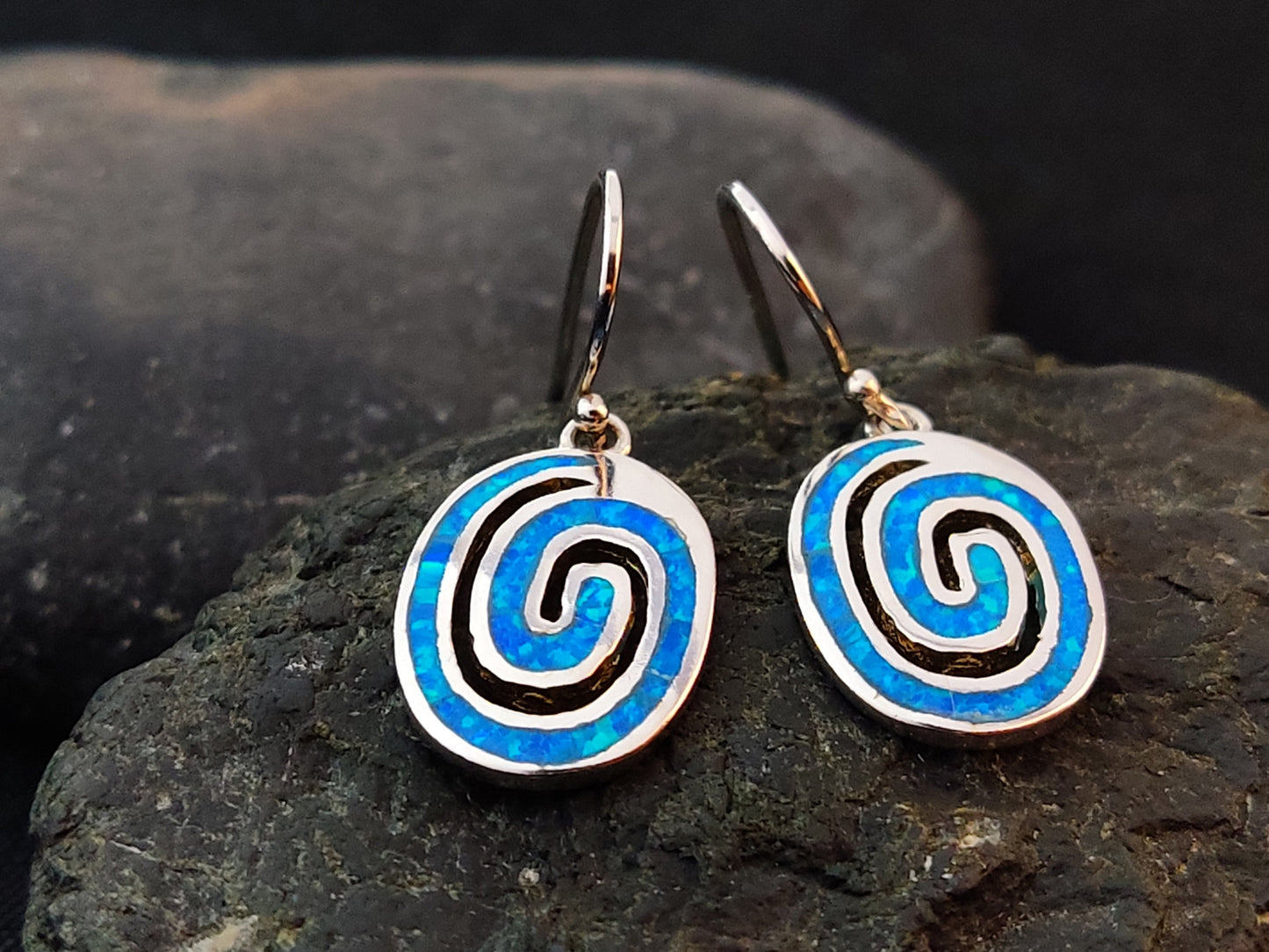 Sterling Silver 925 Greek Circle Of Life Spiral Blue Opal Dangle Earrings 15x11mm, Griechischer Blau Opal Ohrringe, Bijoux Grecque